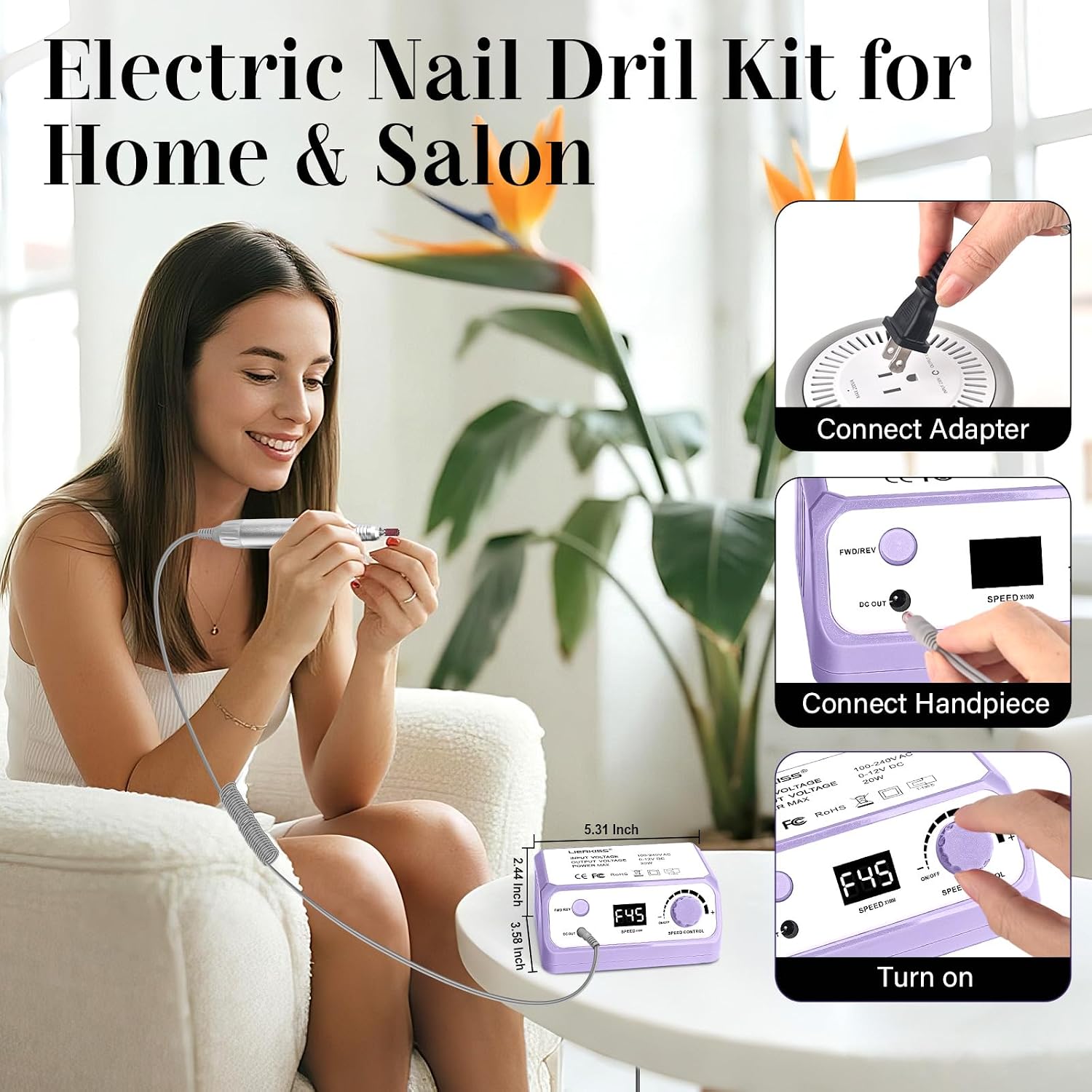 Nail Drill 45000RPM Electric Nail File Drill Nails Machine - Professional Nails Drill with Sanding Bands and Nail Drill Bits for Acrylic, Gel Nail Manicure & Pedicure, Palepurple