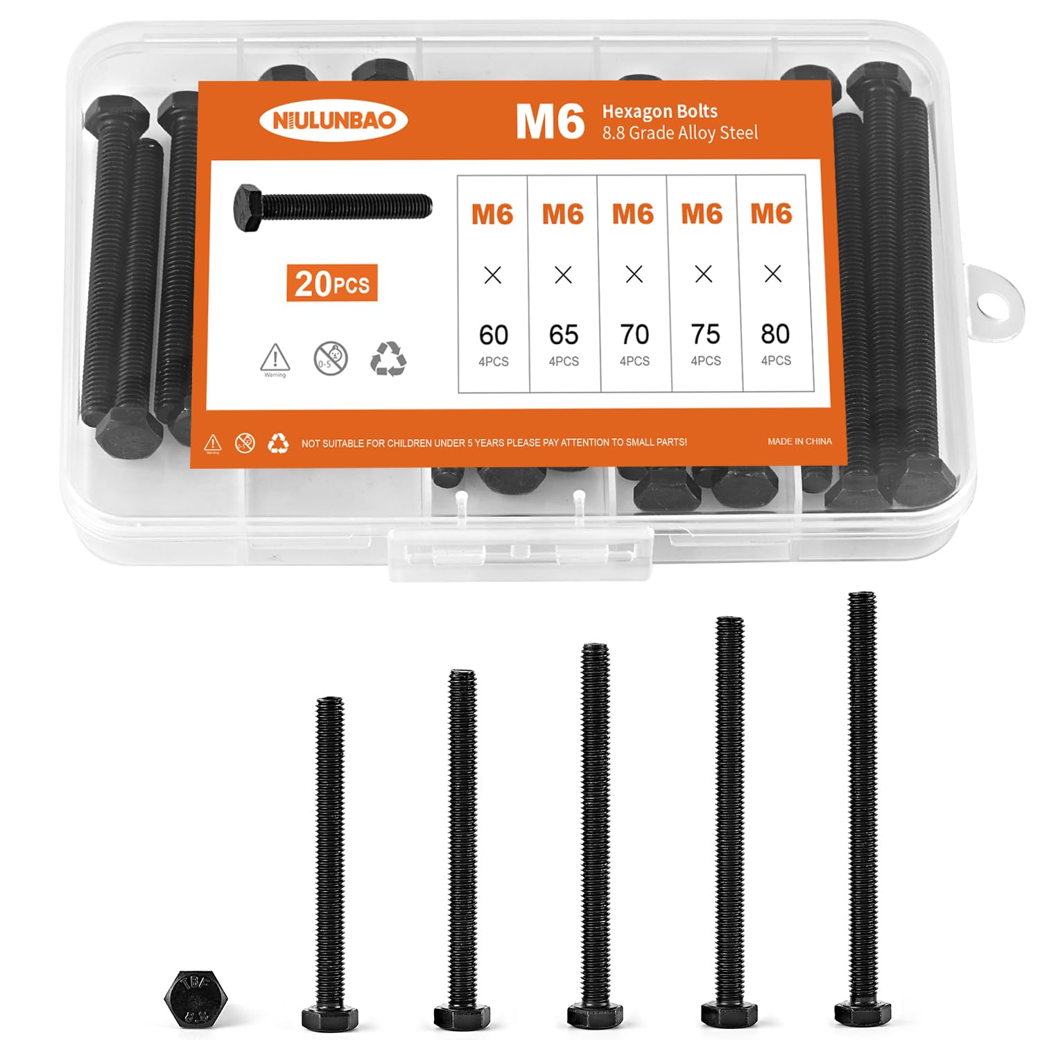M6 Hexagon Bolt Assortment Kit – 8.8 Grade Alloy Steel, Black Oxide, 60-80mm Lengths, 20-Piece Set (4 Each: 60/65/70/75/80mm)
