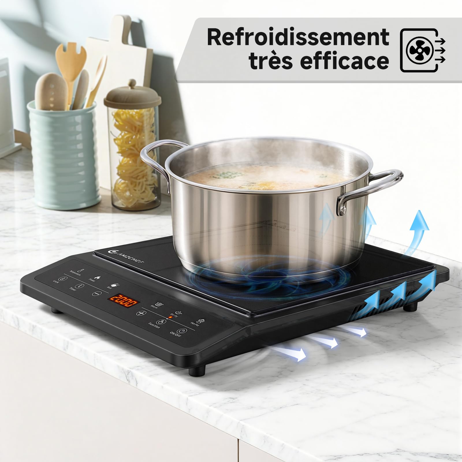 AMZCHEF Plaque Induction, Plaque à induction, 20 Réglages de Rempérature et de Puissance, Design Slim avec Plaque en Céramique Noire, Commande par Capteur, Timer 3H.