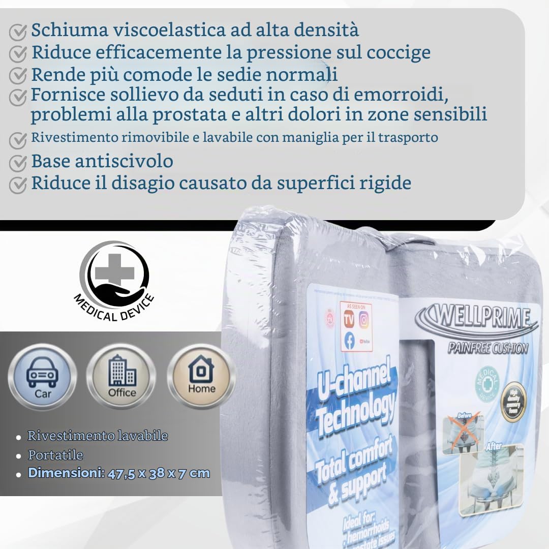 Wellprime Painfree Cushion, Cuscino ortopedico con diversi gradi di durezza, riduce la pressione sul coccige, problemi alla prostata, favorisce la circolazione sanguigna e alleggerisce il coccige (2)