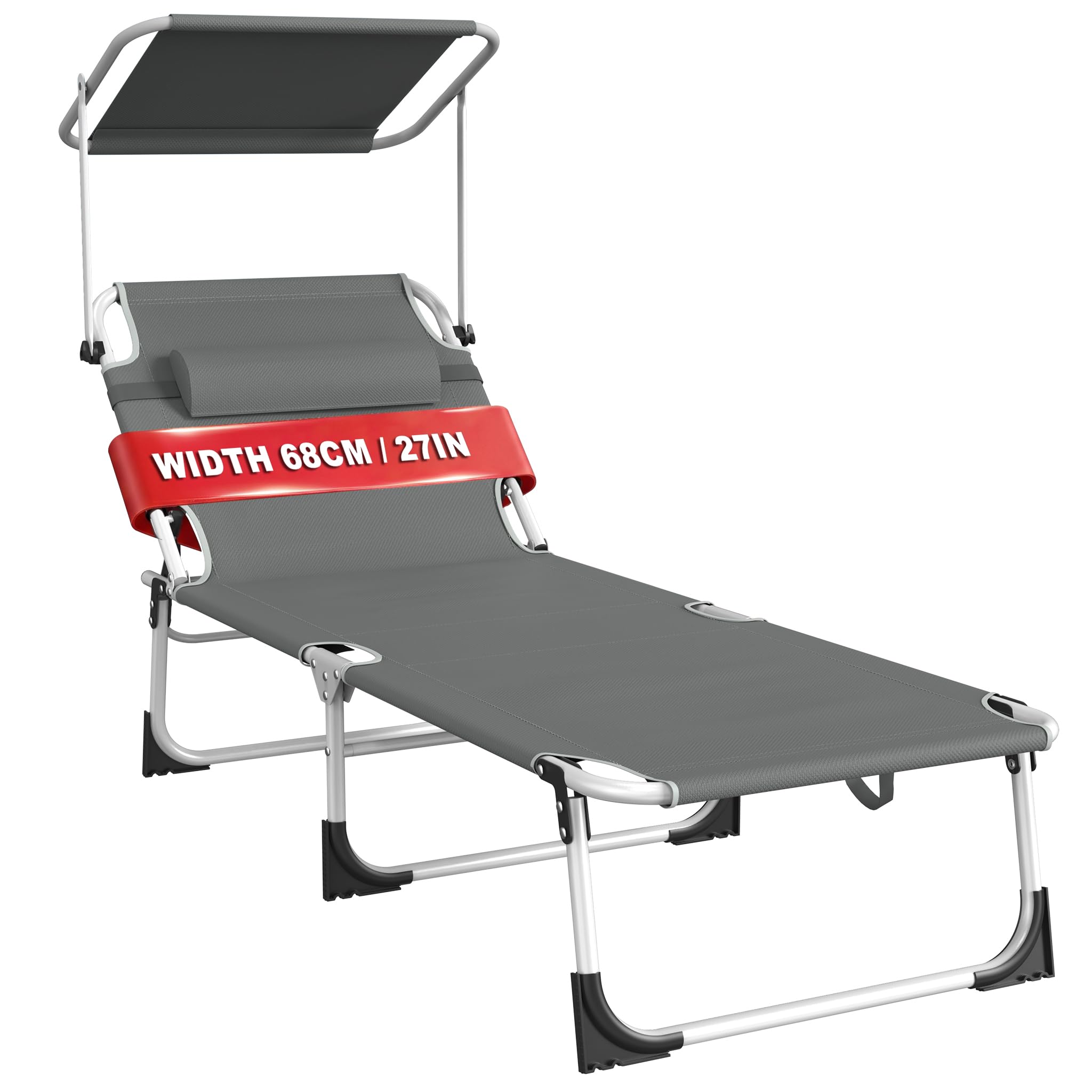 AufuN Sonnenliege Klappbar mit Dach und Seitentasche 195x68 cm Anthrazit | Wetterfeste Gartenliege, stabile Strandliege, Sonnenschutz & verstellbare Rückenlehne, bis 100 kg, ideal für Terrasse Campin