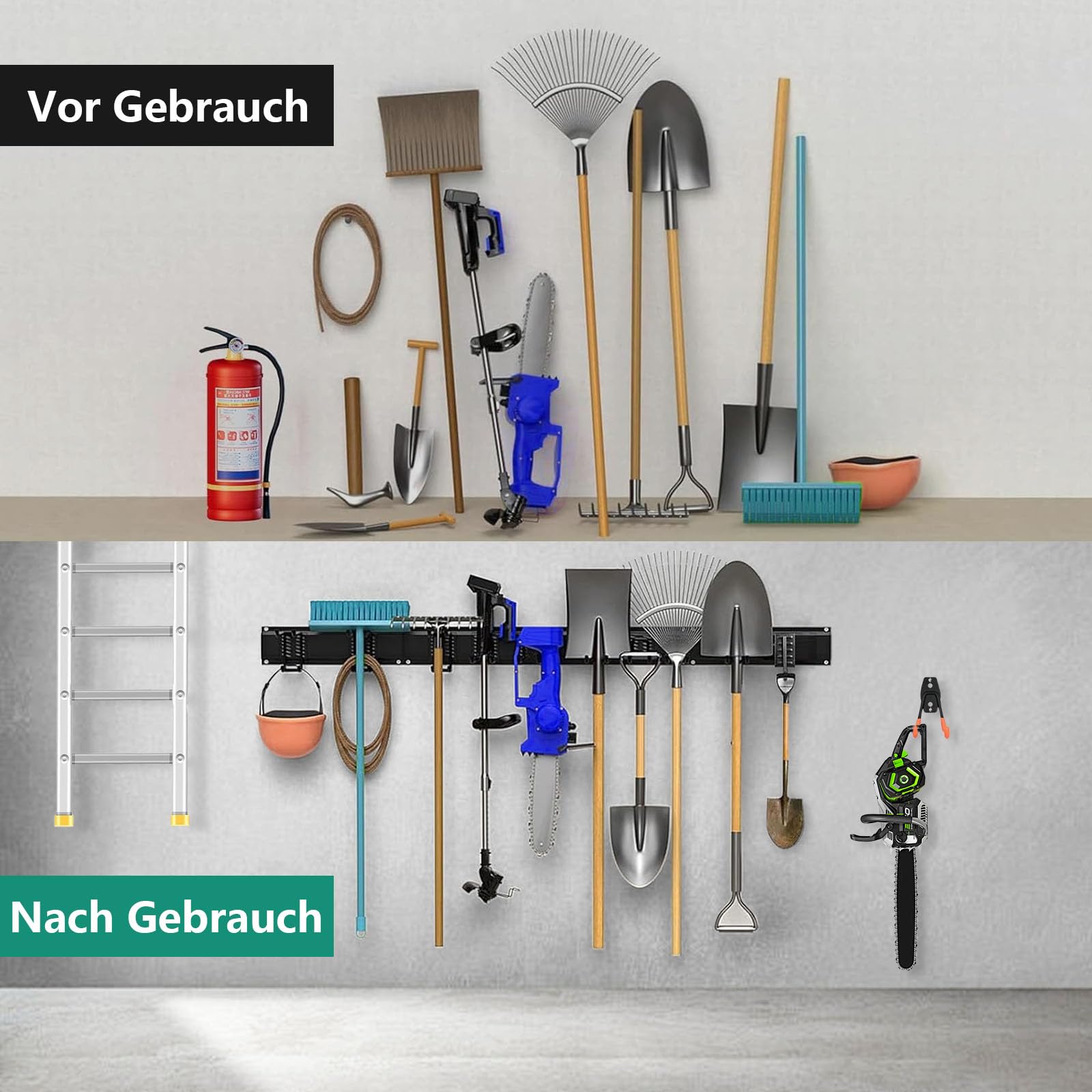 Gerätehalter Wandhalterung, 200cm Gartengerätehalter Metall mit 5 Schienen, Besenhalterung Wand mit 15 Verstellbaren Metallhaken, Tool Organizer Wandhalterung für Besen, Schaufel, Gartengeräte
