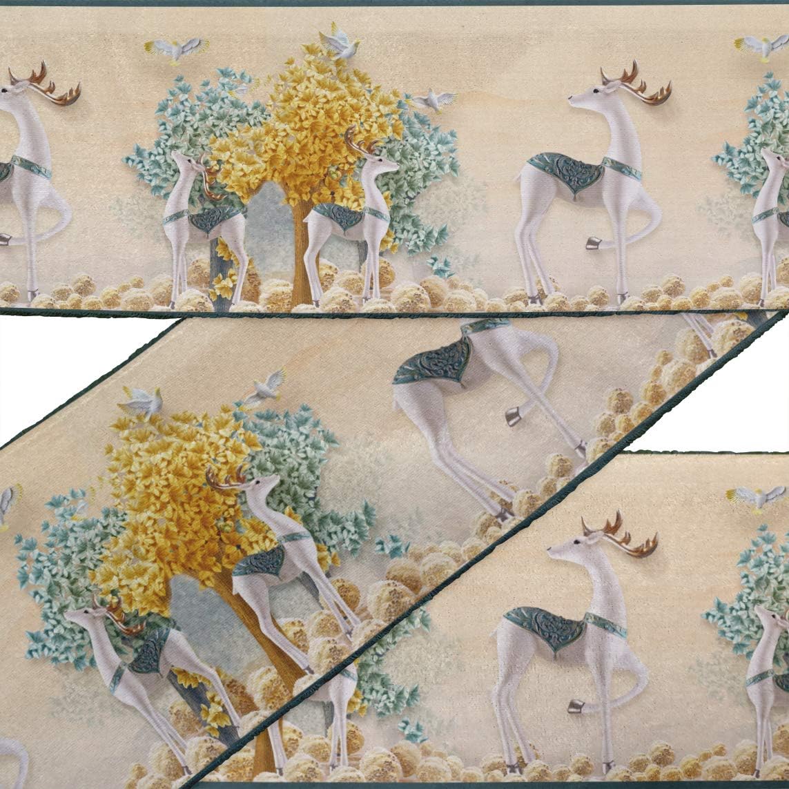 Orange Tree,Bird & Reindeer Animal Printed Ribbon Trim 9 Yard Velvet Fabric Laces for Crafts Sewing Accessories 4 Inches