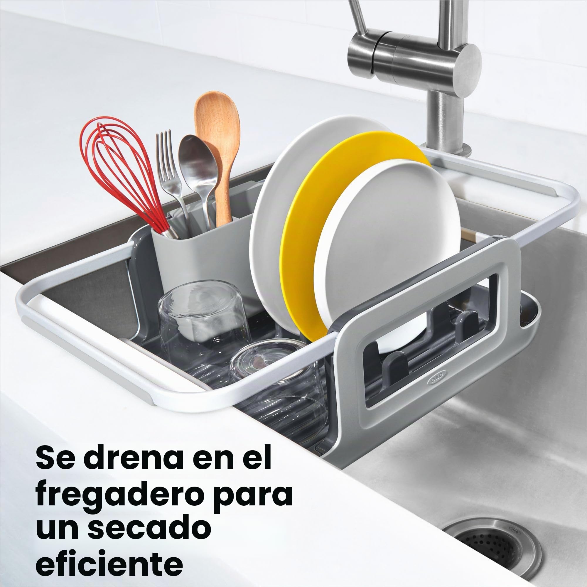 OXO Good Grips Escurreplatos de aluminio sobre fregadero | Estructura de aluminio inoxidable que drena directamente al fregadero para un secado eficaz
