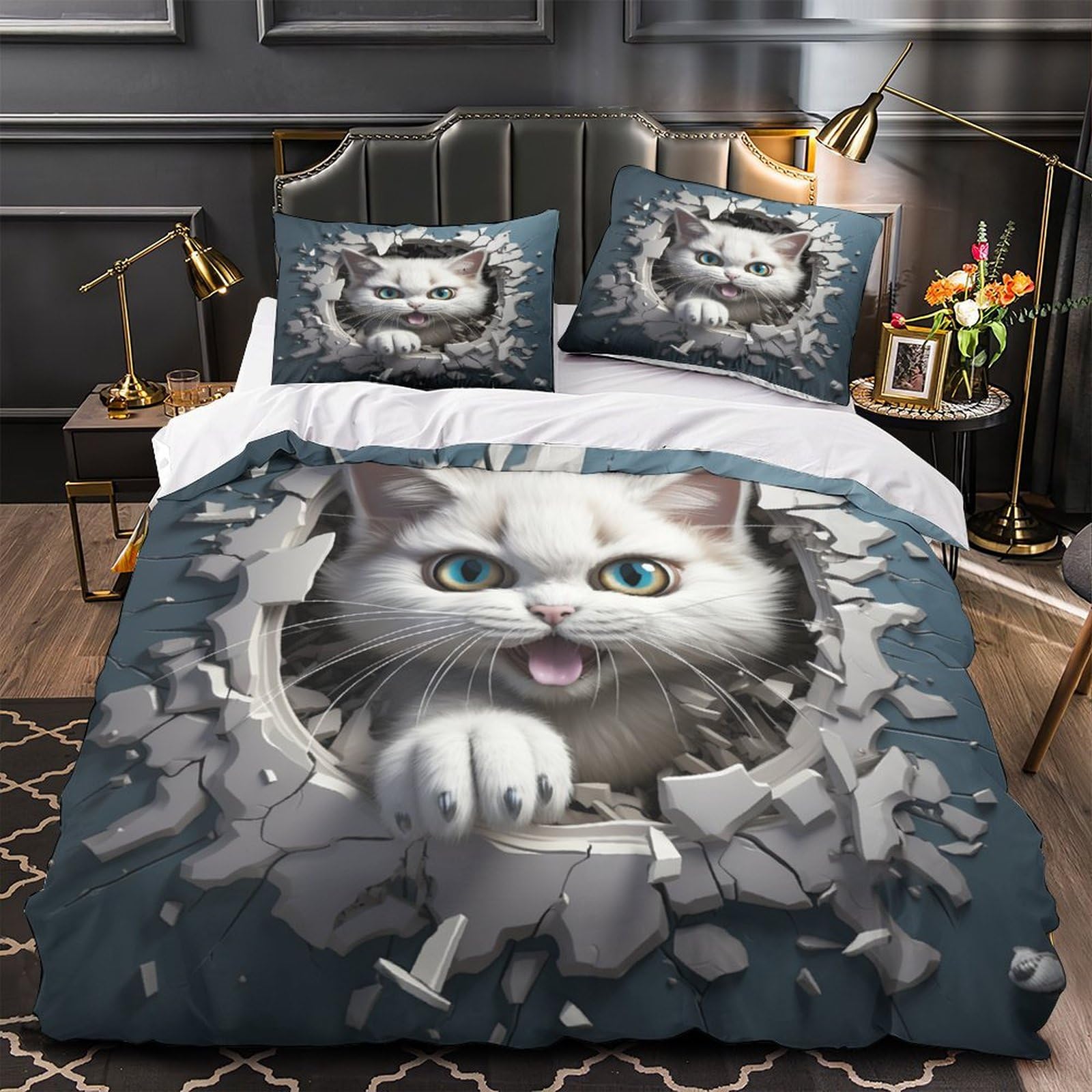 Housse de couette wild animals lit king taille 220x240cm parure de lit chat pour chambre