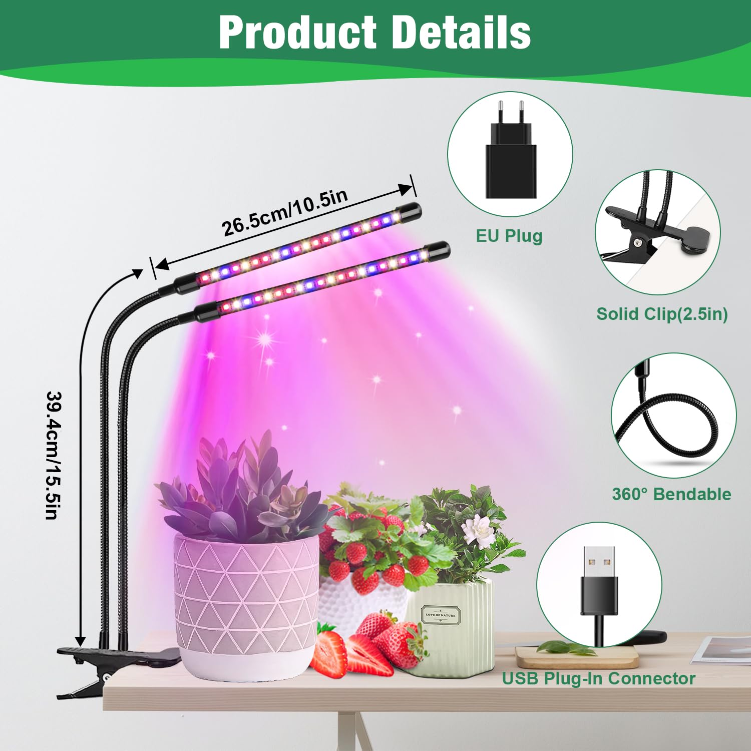 Garpsen Pflanzenlampe, 2Pack 2 Heads Pflanzenlampe Led Vollspektrum für Zimmerpflanzen, 460nm/660nm/3000K Pflanzenlicht mit Auto ON & Off Timer 6/12/16H, 5 Helligkeitsstufen