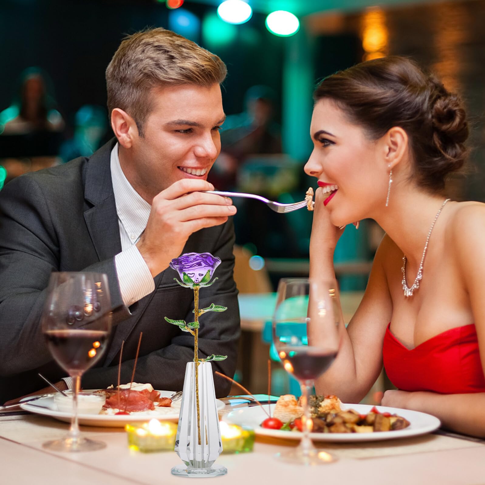 Angoily Figura Coleccionable de Morado con Tallo Dorado y Jarrón de Adorno Floral Decorativo para Bodas Aniversarios y San Valentín Estatua para de Mesa Elegante