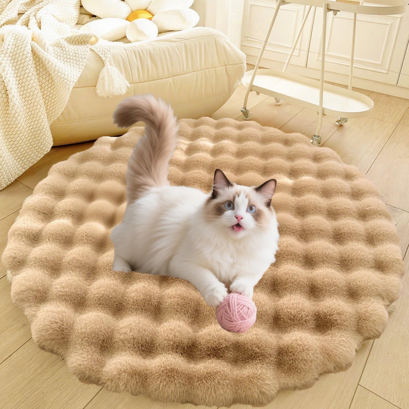 Divano per Cani E Gatti Con Fondo Antiscivolo, Tappeto Rotondo Lavabile, Moderno Letto A Pelo Lungo Da Posizionare Accanto Al Pavimento, Tappetino per Soggiorno(Brown,43in)