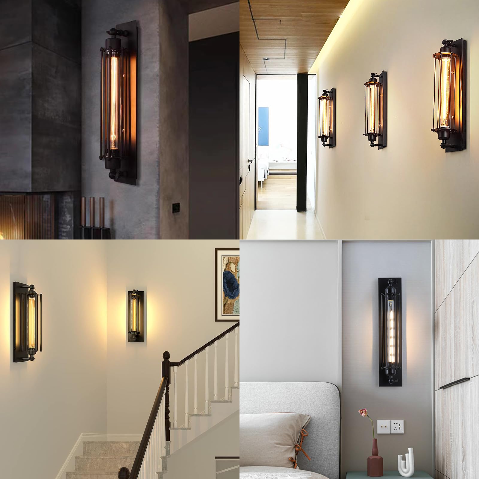 Lot de 2 Appliques murales industrielles Noires Lampes Murales Vintages E27 Spots muraux Intérieures luminaires Murales en Métal 37cm pour Chambre Salles à manger Couloirs Salon