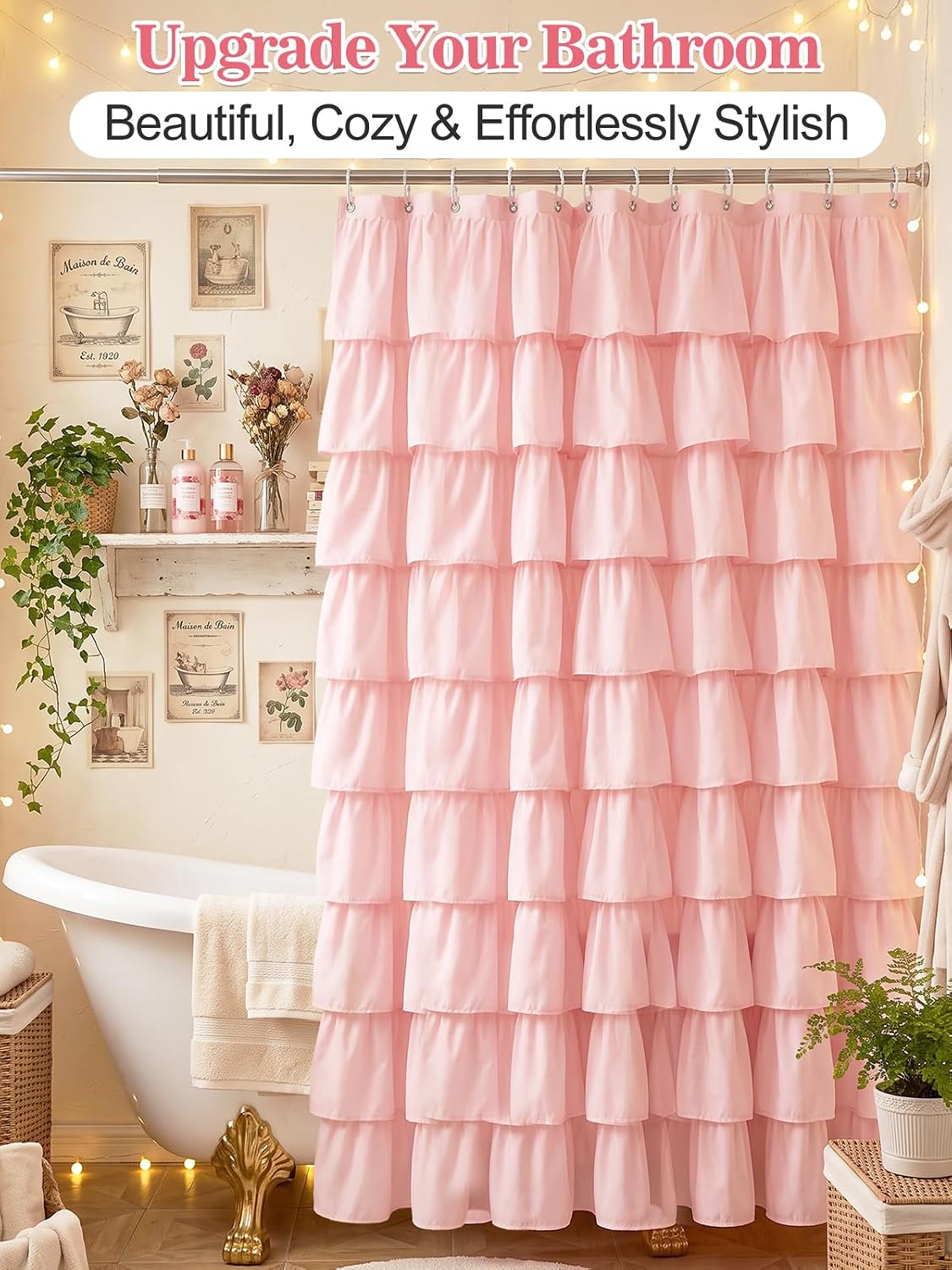Pink Cute Ruffle Shower Curtain, 71x71in