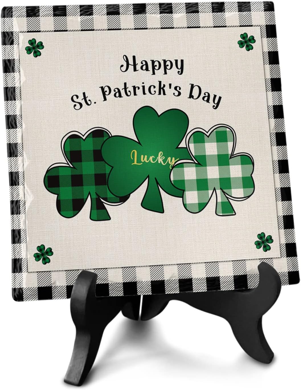 St Patricks Day Ceramic Plaque with Wooden Stand, Buffalo Plaid Shamrock Check Black White Spring Decorative Desk Decor Sign Memorial Gifts for Office Home Party