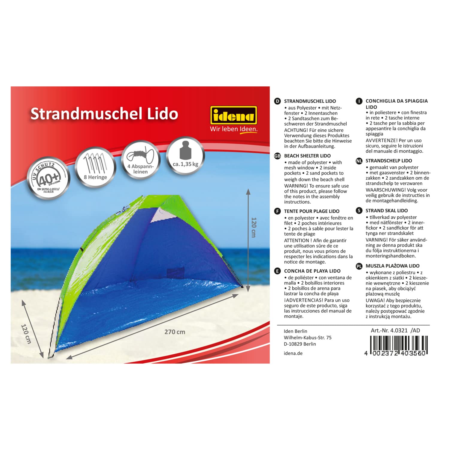 Idena 40321-Conchiglia da spiaggia Lido con protezione UV 40+, circa 2,7x1,2x1,2 m grande, leggera e compatta per il trasporto, ideale per la spiaggia, piscina all'aperto, giardino e in vacanza, verde