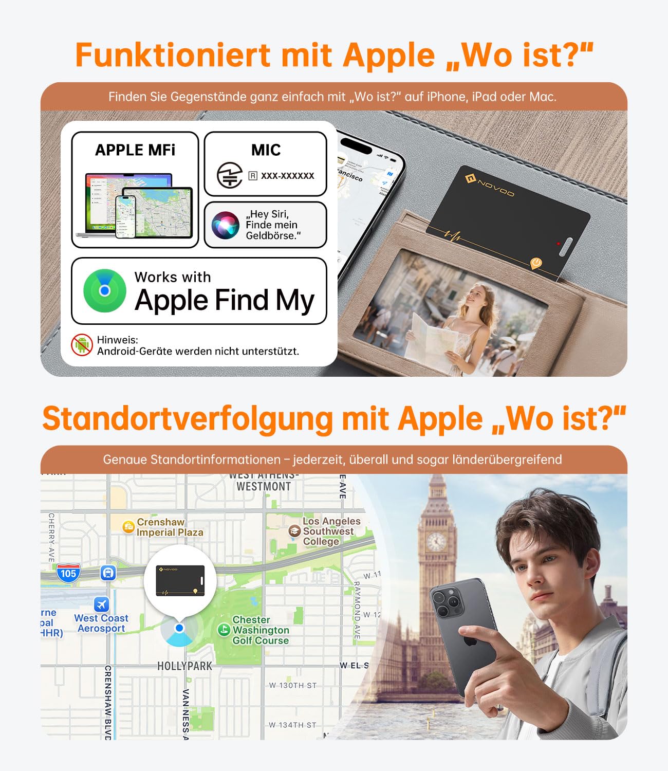 NOVOO Lot de 2 cartes de suivi de portefeuille fins rechargeables avec Apple Find My (iOS uniquement) Smart Bluetooth IP68 étanche SmartTag Card compatible avec portefeuille, bagages