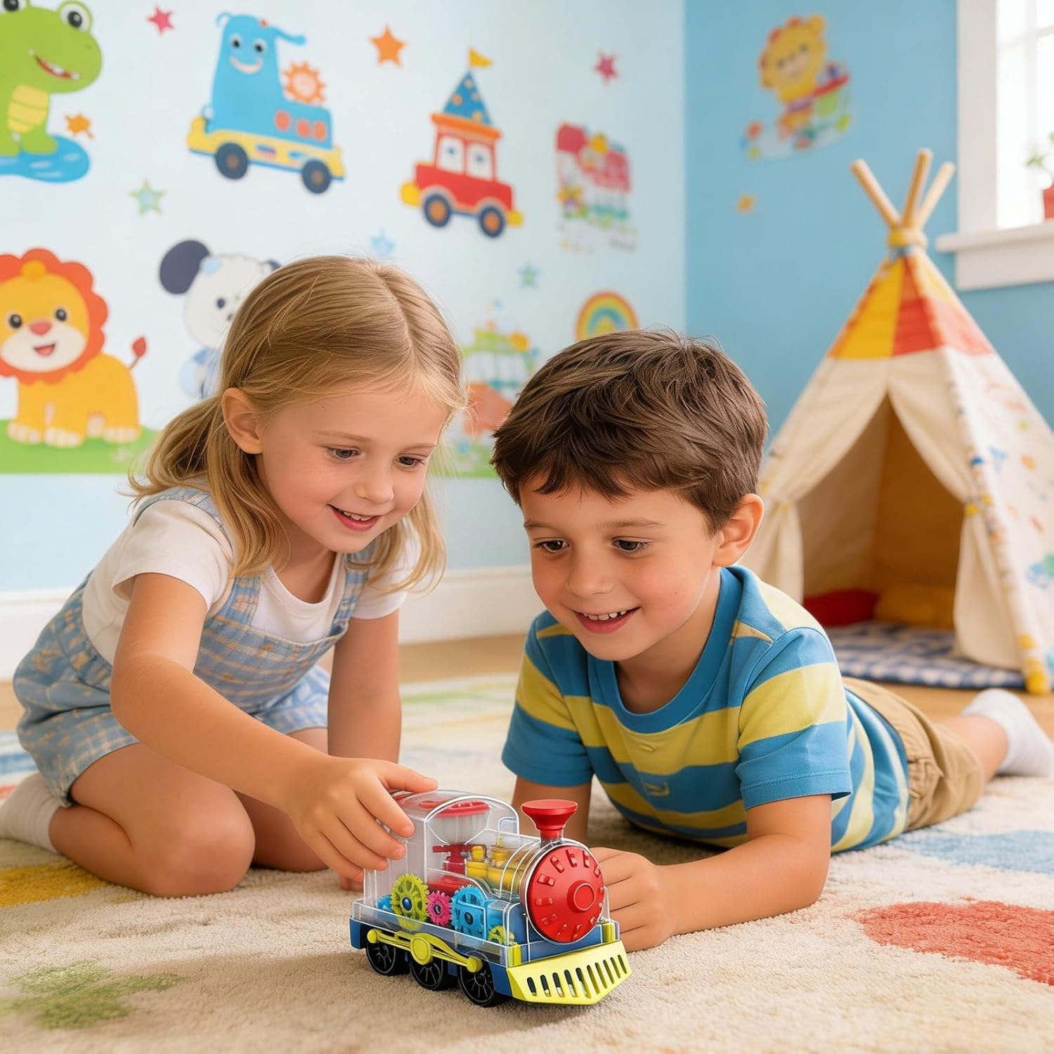 Electric Train Toy, Rotating Gear Vehicle, 6.89x3.94x4.84 Inches Kids Train with Light and Music, Sturdy Polymer Engine, Motion Toy with Transparent Gears, Learning Activity for Kindergarten and Home