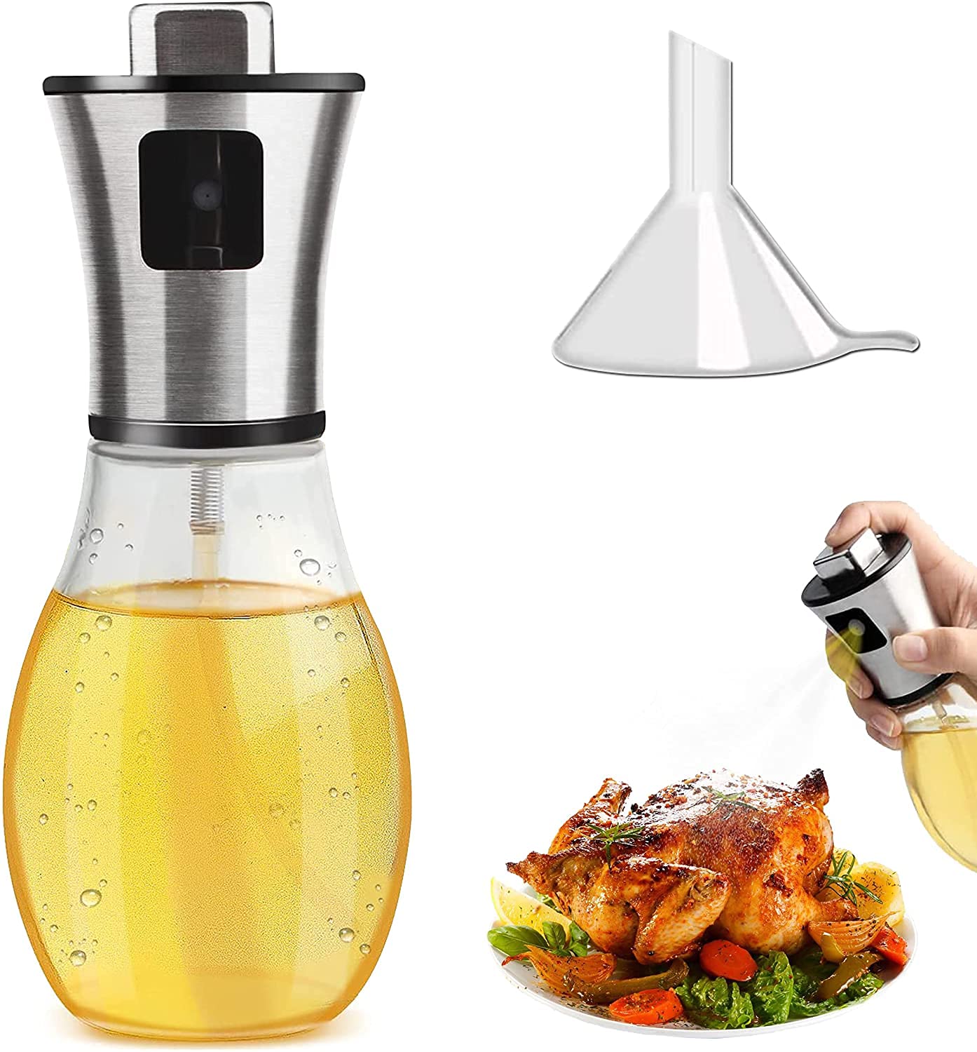 BIRZAR Stainless Steel and bar Glass Spray Oil Dispenser Bottle for Cooking, BBQ, Salad, Kitchen Baking, Roasting, Grilling, Frying, Pump with Mini Funnel, Silver, Transparent, 200 Ml