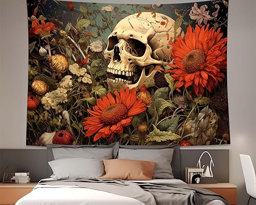 QGHOT Tapiz de calavera para colgar en la pared, tapiz de esqueletos de plantas y flores para dormitorio, estético, cementerio vintage, gótico,