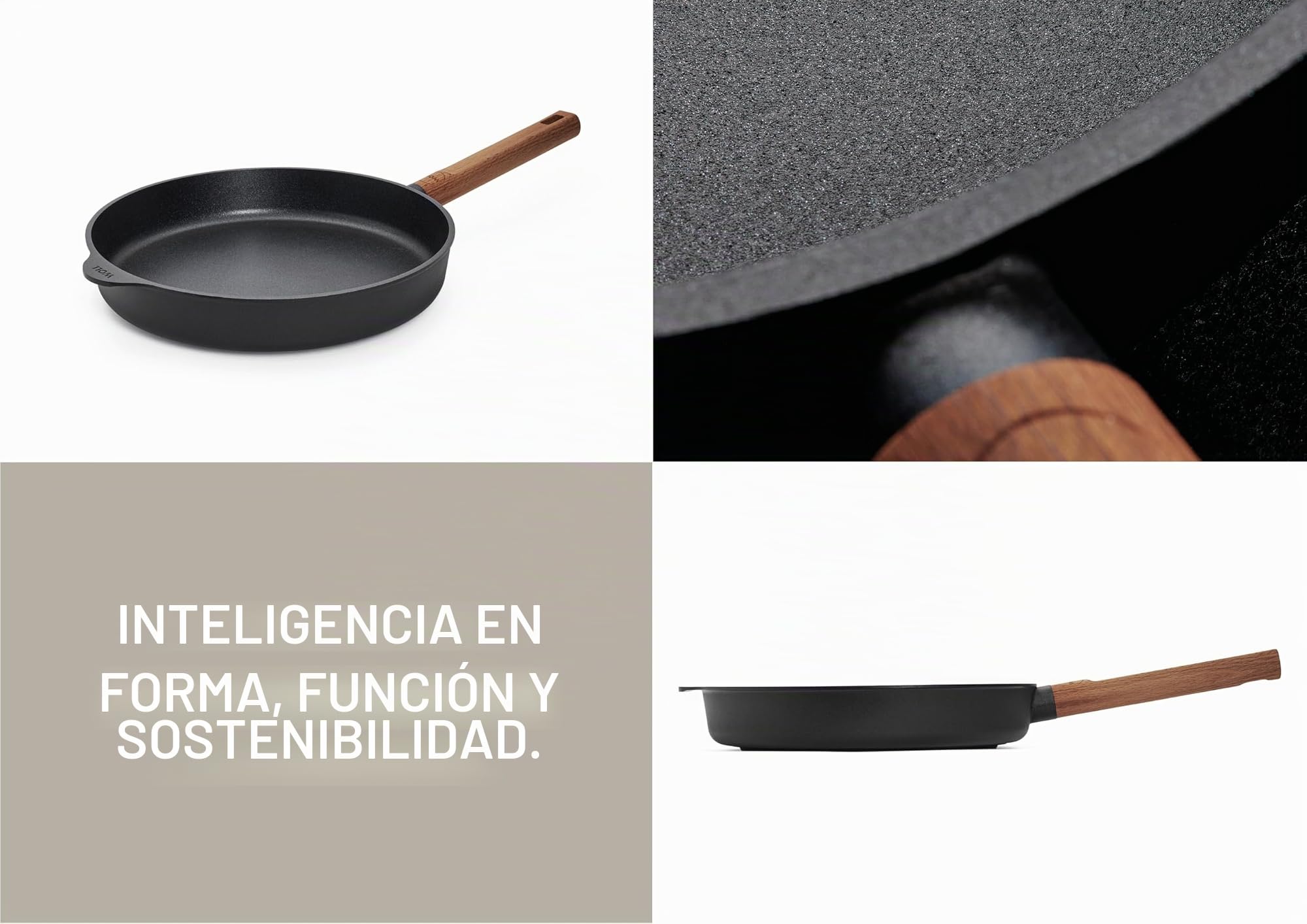 Woll Eco Logic QXR - Sartén plana de hierro fundido (inductiva, diámetro de 28 cm, 5 cm de alto, con mango de madera firme sostenible, apta para todo tipo de cocinas, sin PFAS, revestimiento