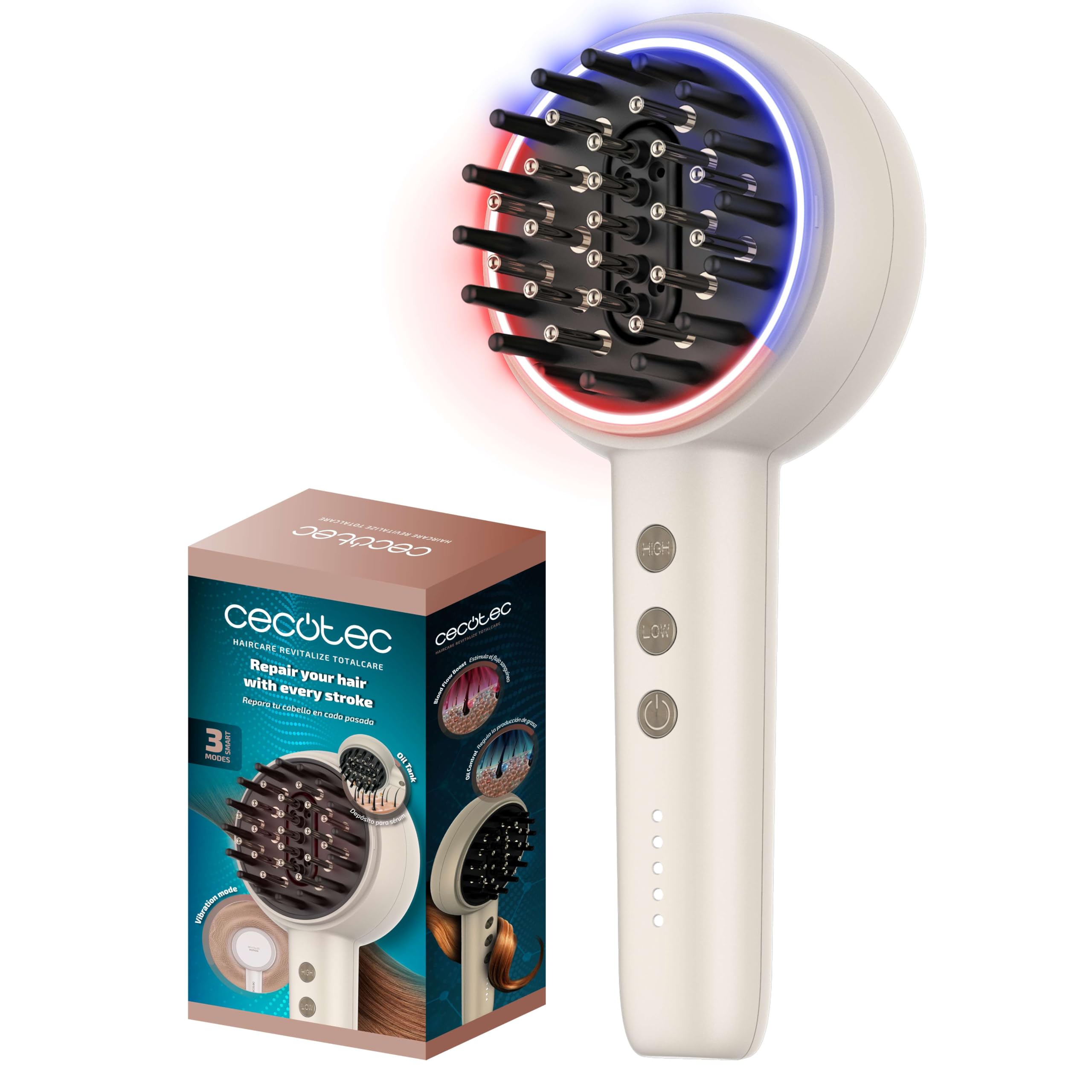 Cecotec Spazzola riparatrice con microcorrenti EMS, luce LED rossa e blu HairCare Revitalize TotalCare. Applicatore di siero e 5 livelli, nutre, rassoda e rafforza i capelli dalla radice