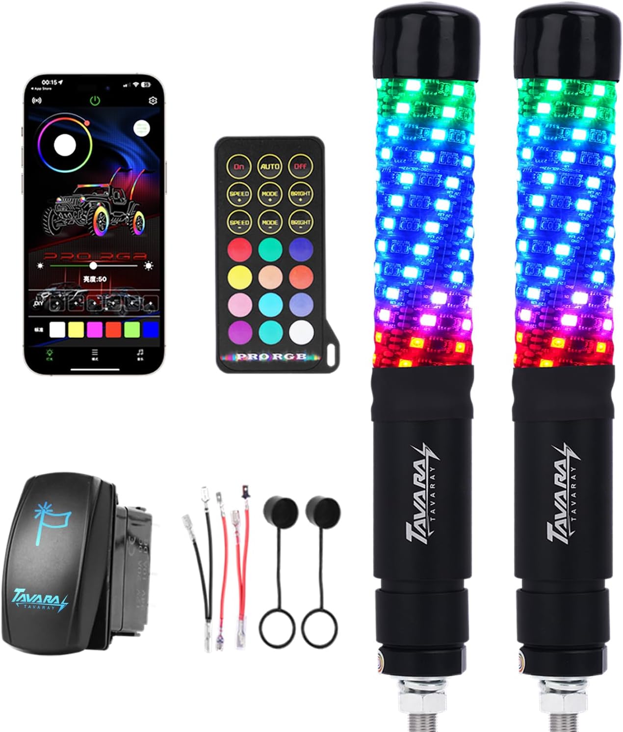 Tavaray 2PCS 2FT Fat Whip Lights – Spiral RGB Chasing Lighted Antenna Whips with Flag, Whip Lights for Side by Side UTV ATV RZR Can-Am X3, with App/Remote Control, Turn Signal & Rocker Switch