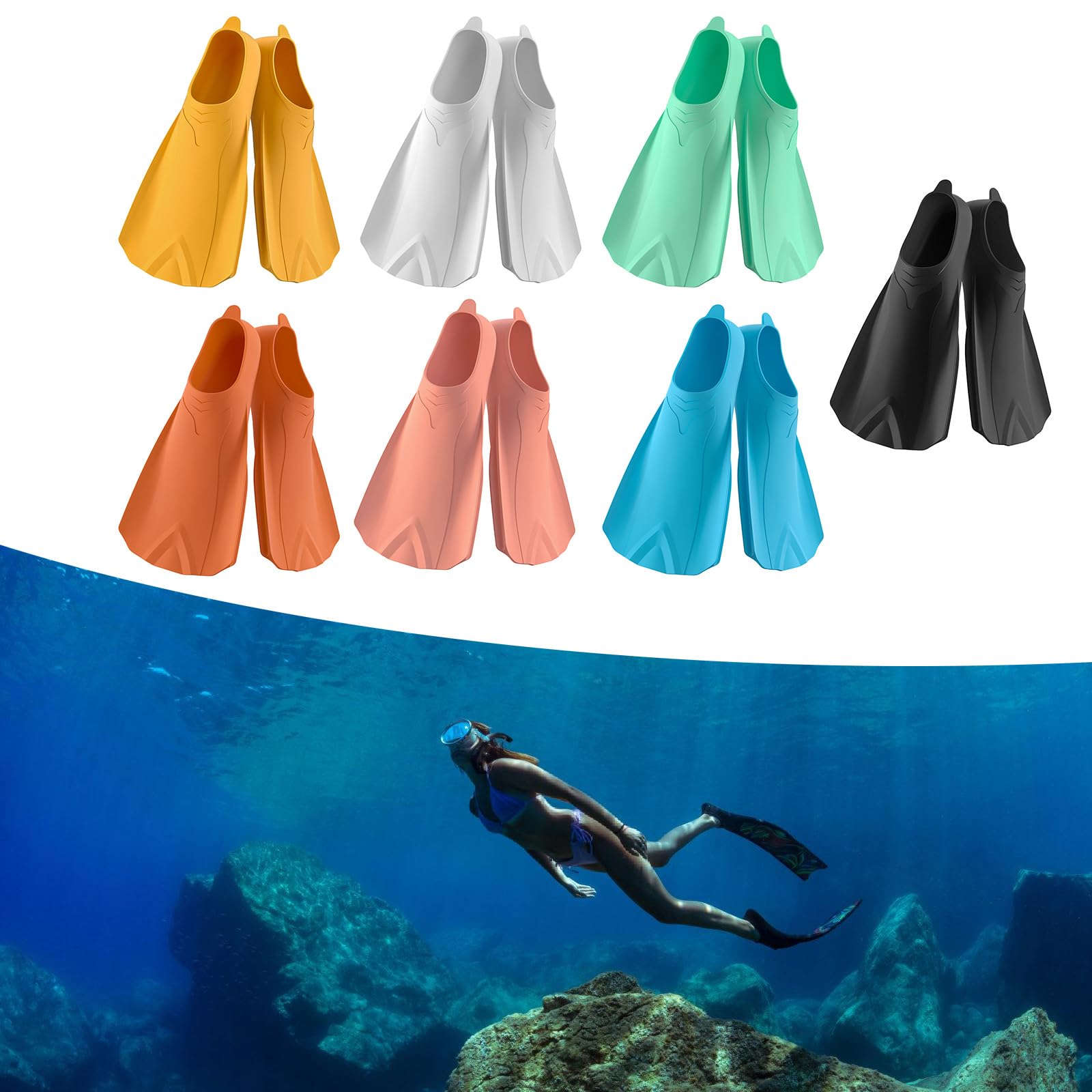 Aletas de natación de silicona, tamaño de viaje, aletas cortas para buceo, aletas de esnórquel para piscina, tamaño de viaje duradero