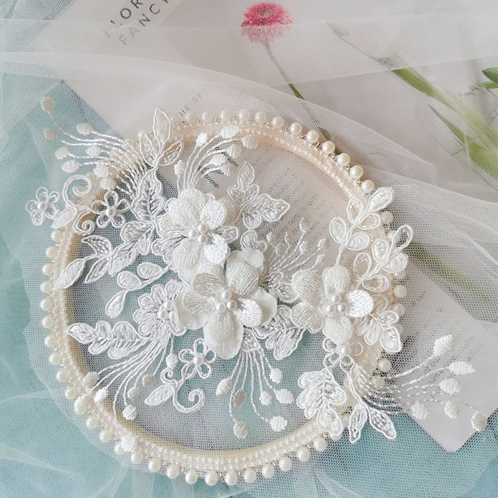 3D Flower Embroidery Lace Trim – Sequin & Bead Embroidered Applique For Wedding Dresses (White, 1 Pair)