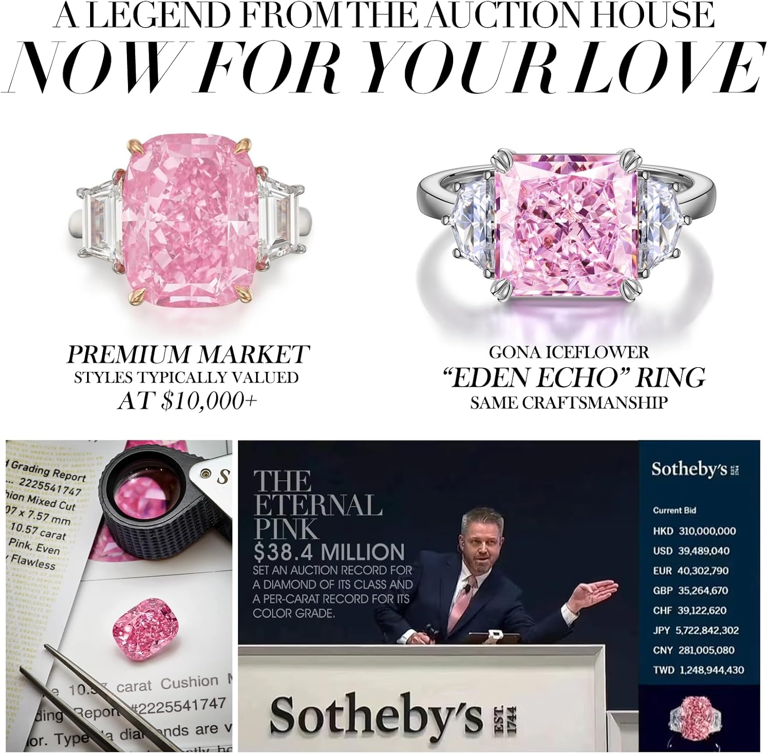 GONA 6CT Pink Diamond Ring for Women, VVS Brilliant Cut 10x10MM Three Stone Ice Gemstone, Tarnish-Resistant Silver Setting Elegant Engagement, Anniversary, Wedding and Promise Jewelry Gift - Image 2