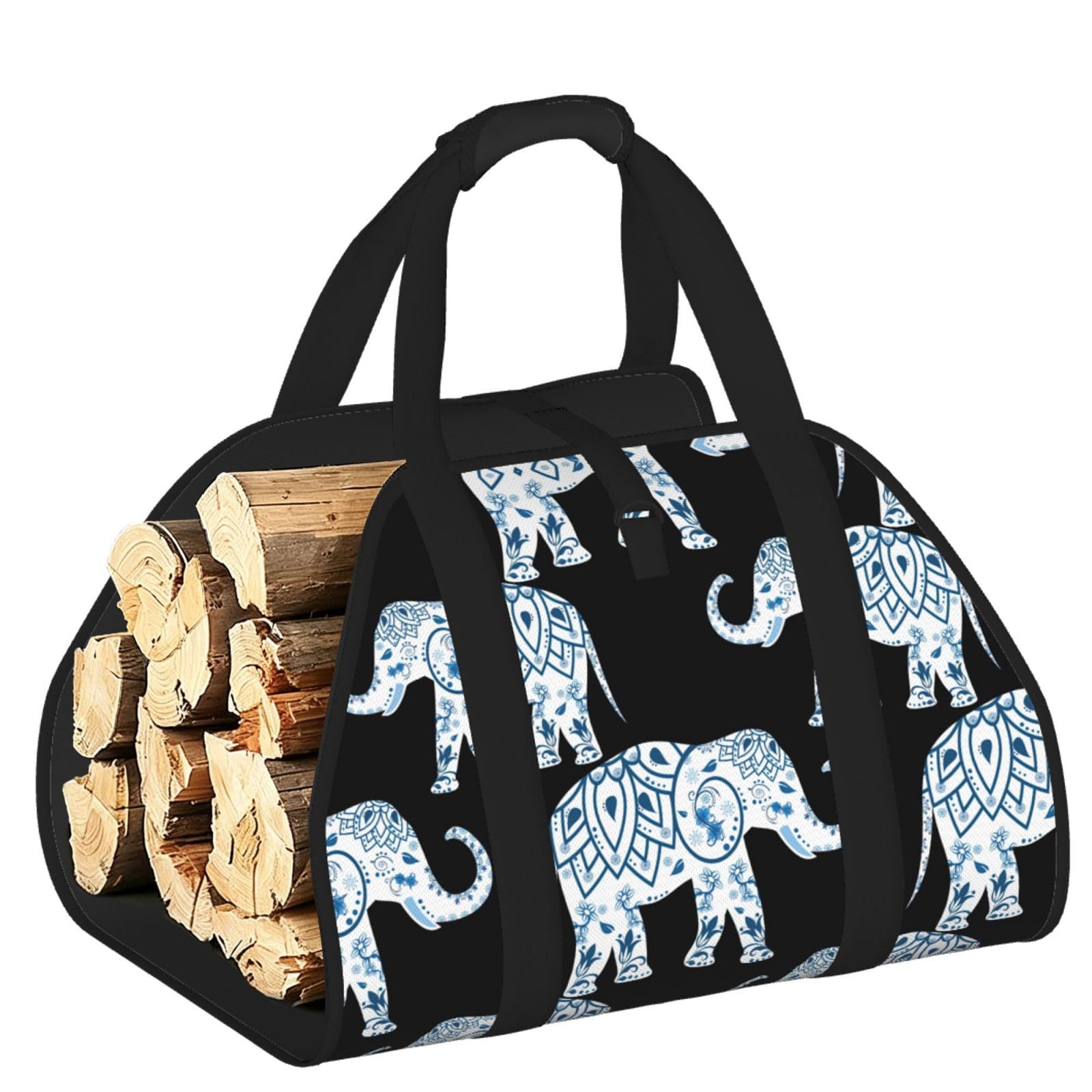 Elephant Printed Firewood Carrier Bag, Log Tote with Open-Ended Design for Camping Outdoor Wood Hauling