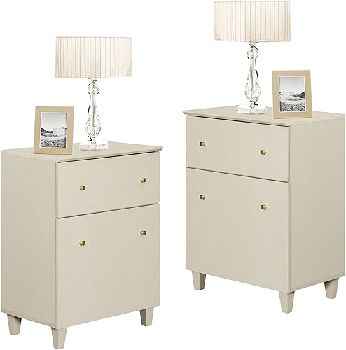 WAMPAT Juego de 2 mesas auxiliares altas con cajones y puertas, modernas mesas auxiliares grandes para sofá, mesita de noche de madera con estante