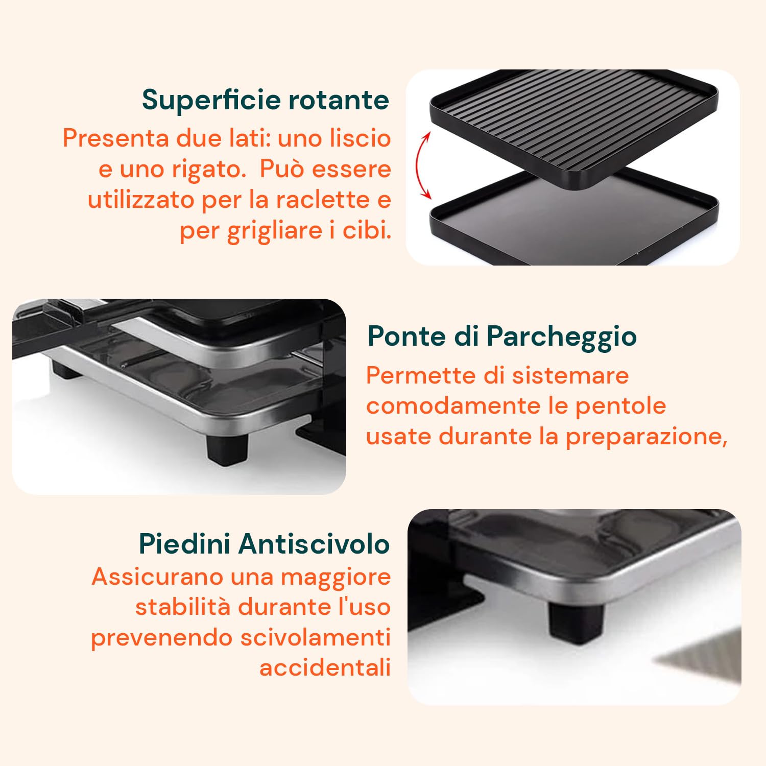 Avilia - Griglia Elettrica Multifunzione 4in1 da 700W con Termostato Regolabile per Carne, Verdure e Formaggi, Raclette da Tavolo con Piastre Antiaderenti e Ponte Parcheggio Compatto