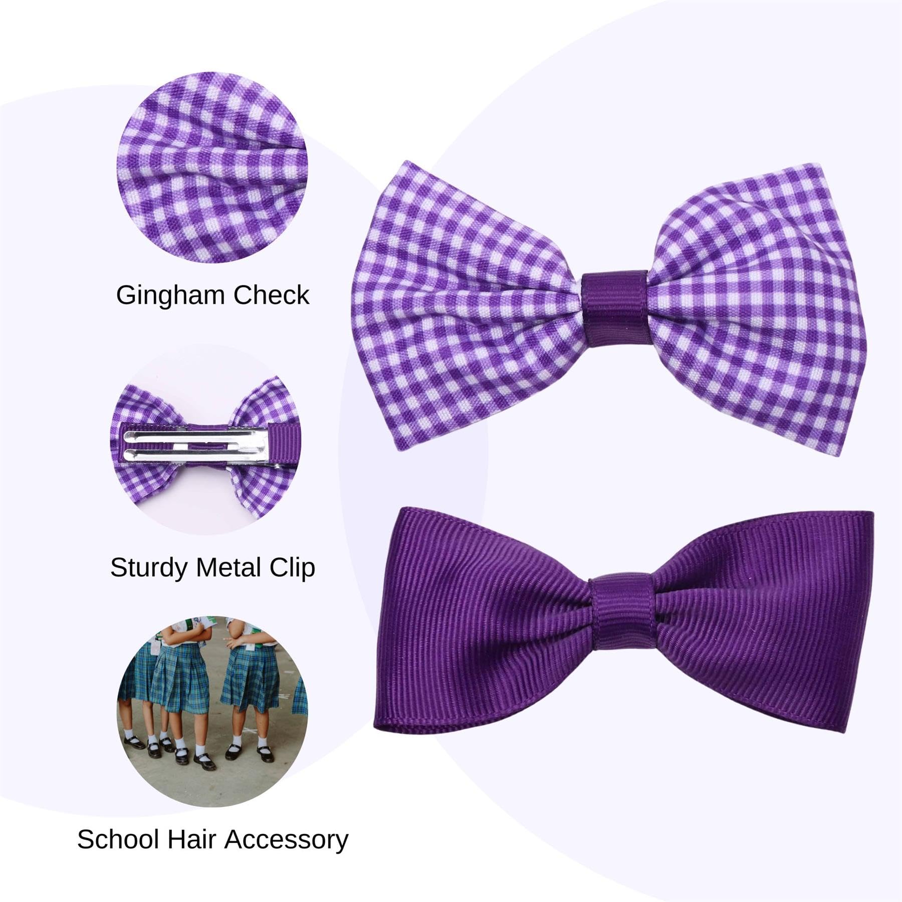 Basic Sense School Bow Hair Clips and Elastic Plain & Gingham Set - Accessories for Girls Purple, 3 count (Pack of 1) - Image 2