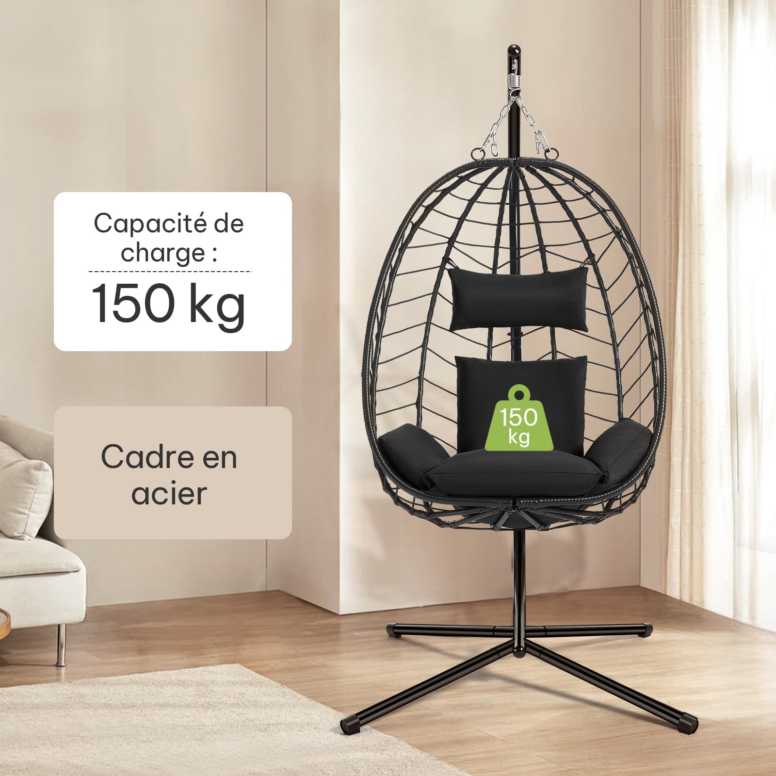 Laneetal Fauteuil Oeuf Suspendu, Chaise Balançoire, avec Support en Métal, Coussin de Siège et Appui-tête, Charge 150kg, Rotin PE, pour Jardin, Balcon, Terrasse, 102x100x196cm, Anthracite
