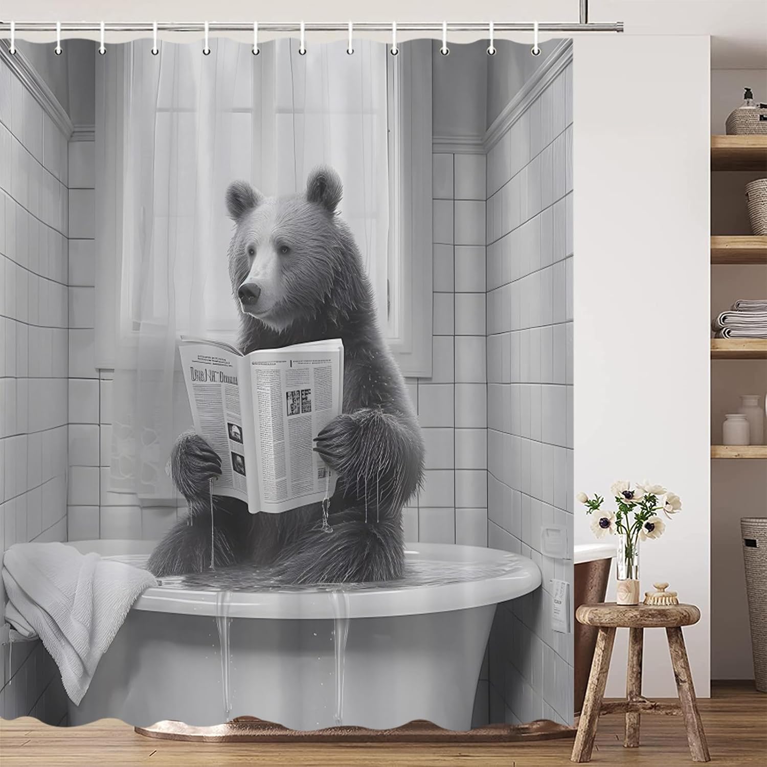 Funny Bear Shower Curtain Cute Wildlife Reading Newspaper Black White Bathroom Decor Modern Fashion Home Curtains with Hooks 80X70 Inch, YL5899AM-200X180CM