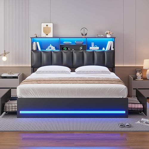 Miniatura 7 de AOGLLATI Estructura de cama Queen con elegante cabecero tipo estantería y estación de carga y luces LED, estructura de cama tamaño Queen con 4