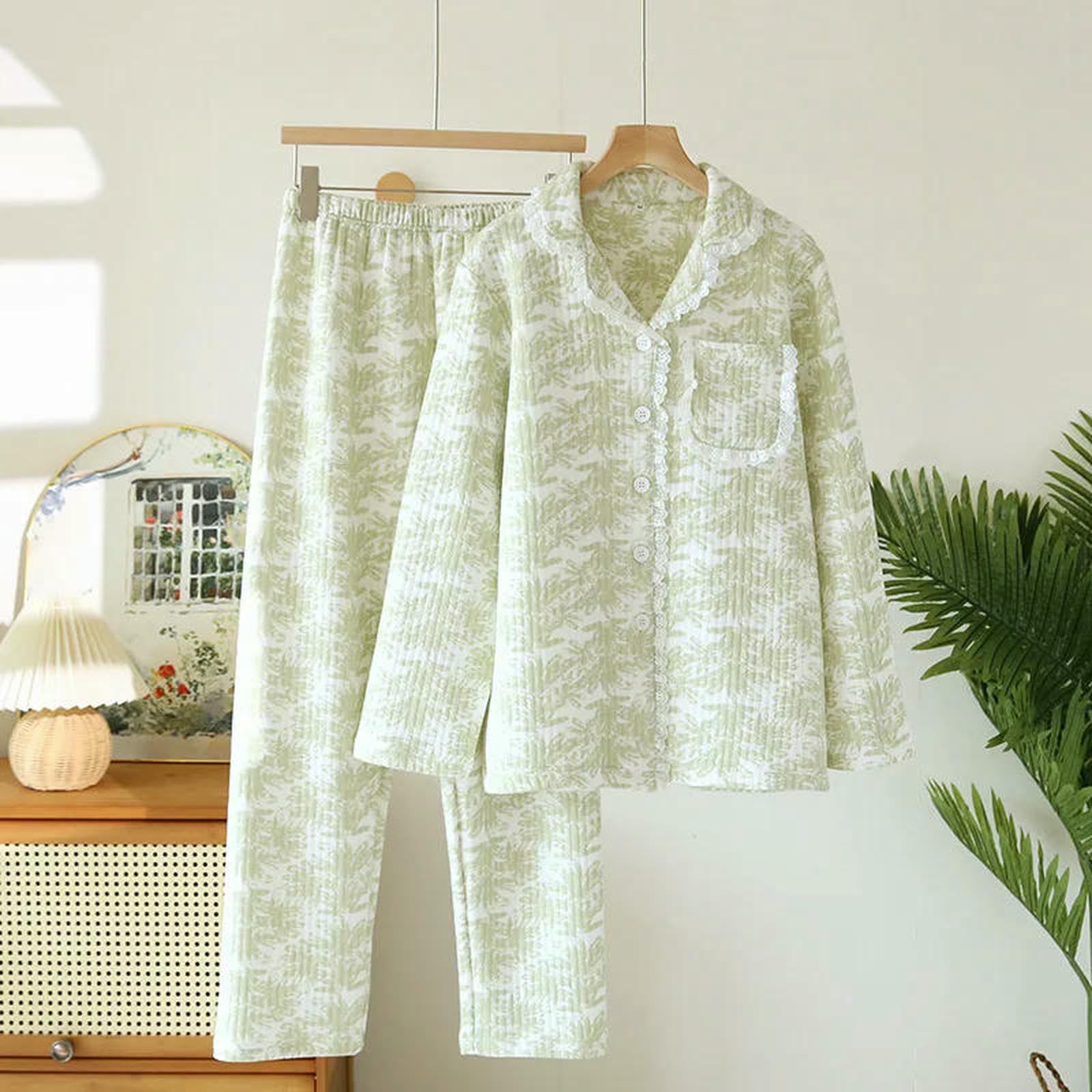 Pigiama Set di Pigiami Fresco Invernali Dolci Inverno Le Donne Mantengono Caldi Pizzo Verde Abbigliamento A Maniche Lunghe Trapunte -Verde Erba-XL 65-72kg