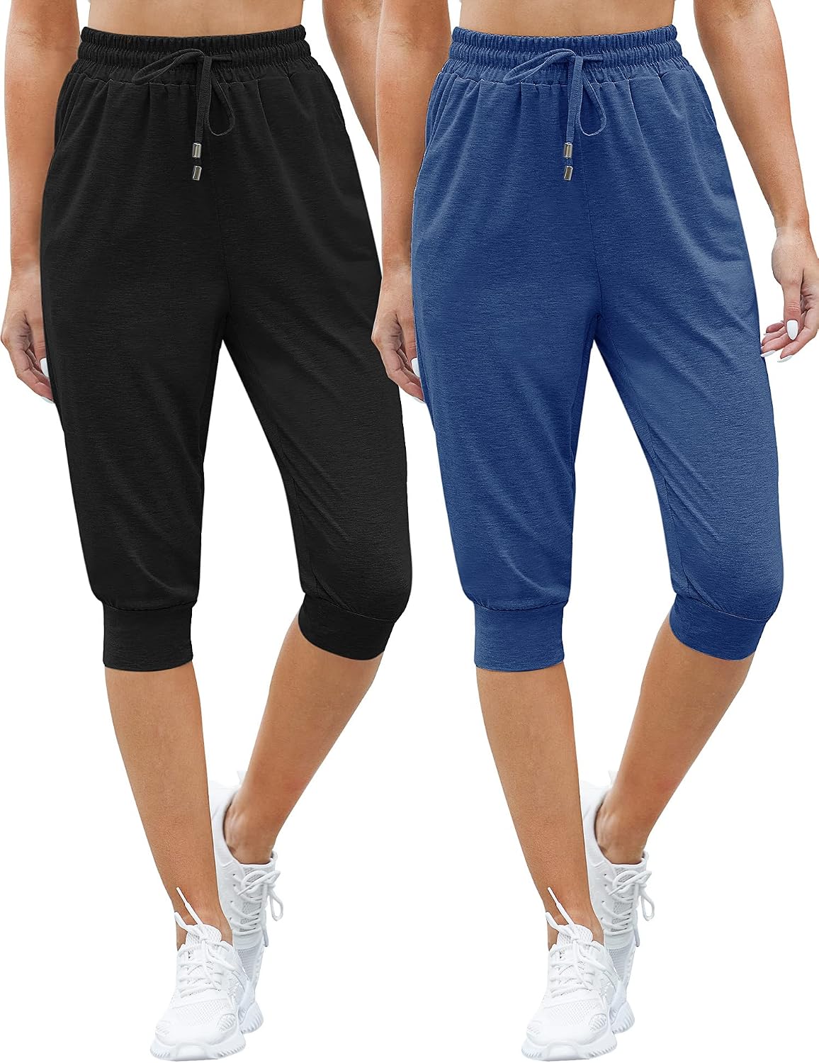 Syhood 2 Pack Capri Sweatpants Women's Drawstring Capris Casual Cropped Jogger Pants with Pockets
