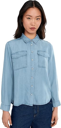 Petite Long Sleeve Denim Shirt With Pockets