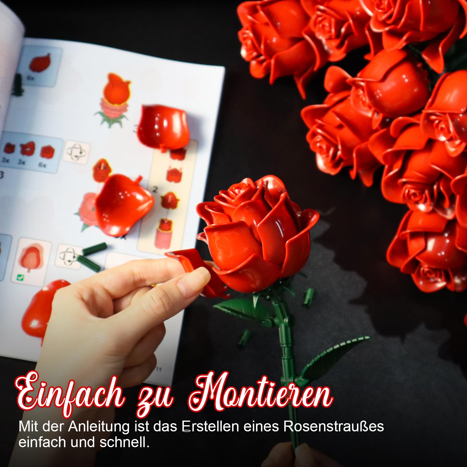 Rot Rosenstrauß Bausatz, 12 Künstliche Rosen Klemmbausteine Blumen (546PCS) | Geschenk für Ihn Sie zum Valentinstag, Botanicals Blumenstrauß, Geschenk für Geburtstag, Jahrestag, Muttertag, Heimdekoration