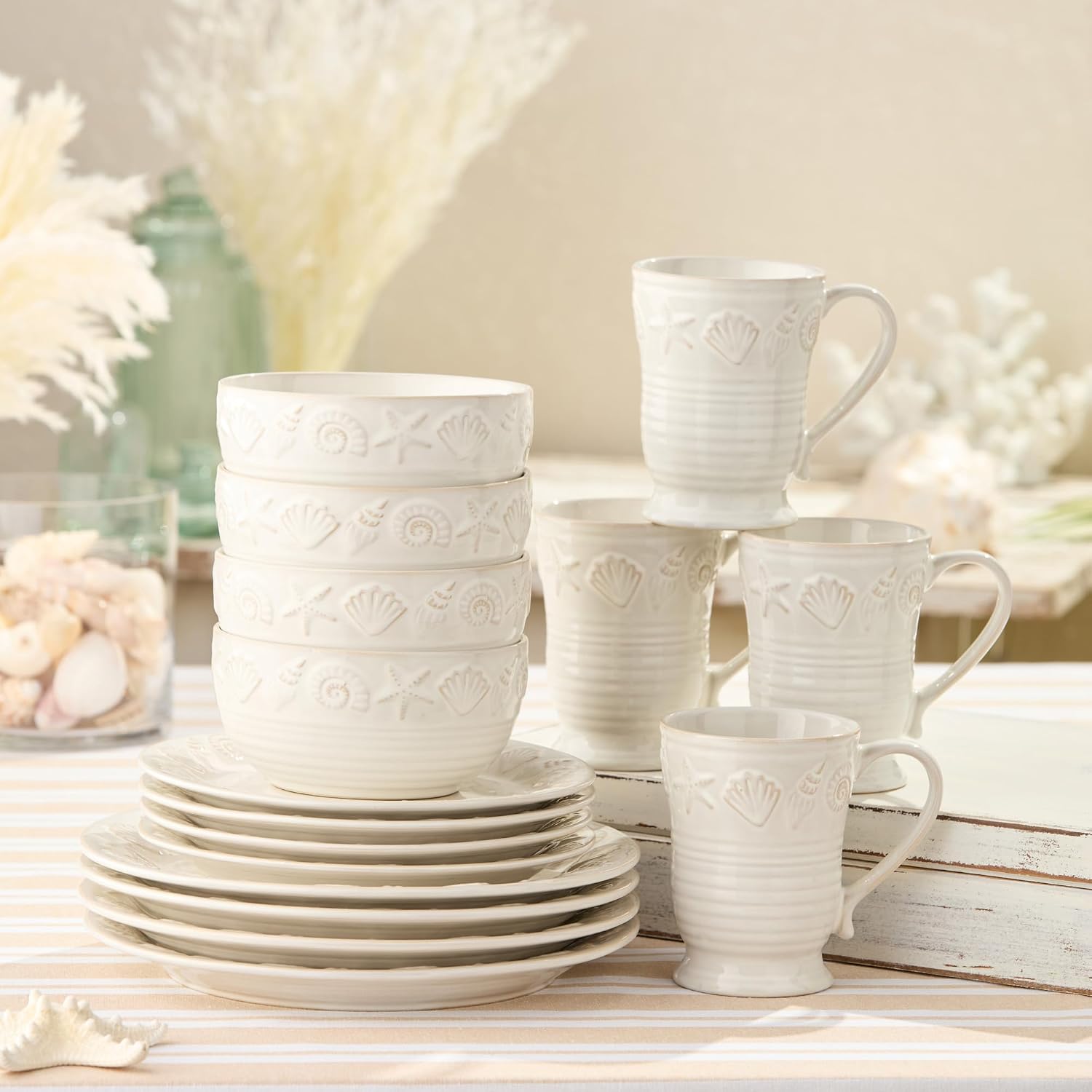 Coastline Cream 16-Piece Stoneware DINNERWARE SET,SERVICE for 4 with embossed coastal shells and starfish detailing, durable beach house tableware for relaxed coastal living and everyday dining