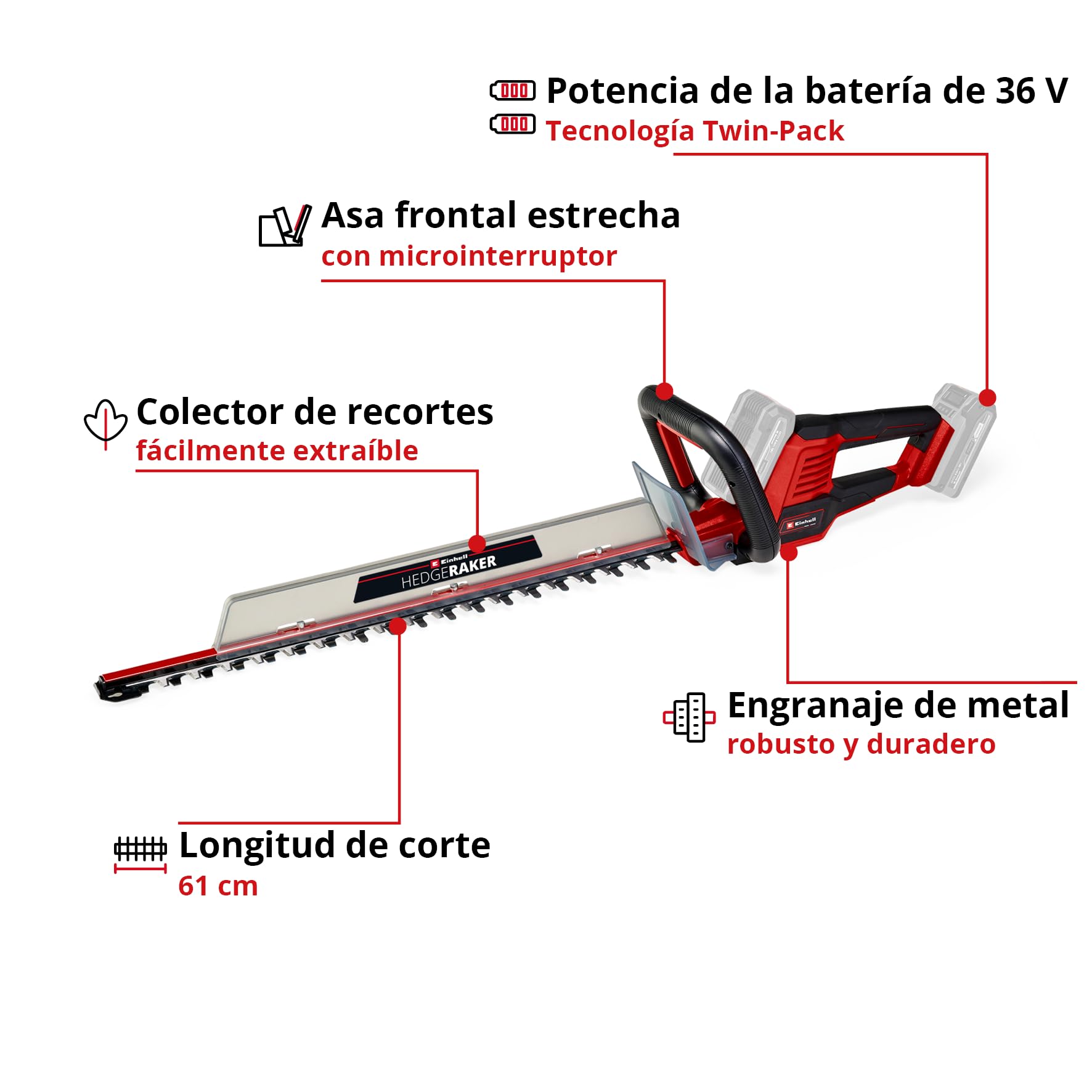Einhell Recortasetos con batería GE-CH 36/61 Li-Solo Power X-Change (36V, Engranaje metálico, Longitud de Espada 67 cm, Distancia Entre Dientes 26 mm, Incl. carcaj, sin batería ni Cargador)