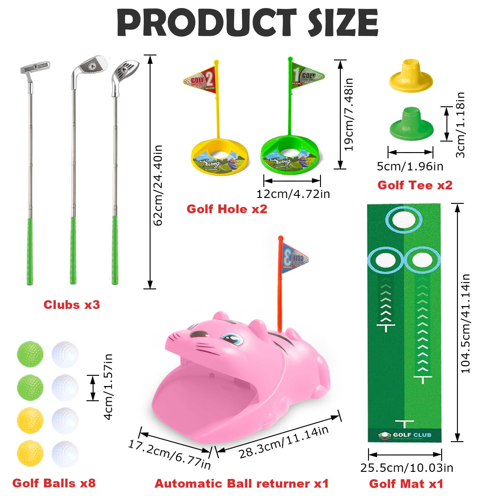 Lot de 18 Mini Golf pour Enfants, Golf Enfant Intérieur Extérieur, 3 Clubs Colorés, 8 Balles, Tapis de Putting Rose