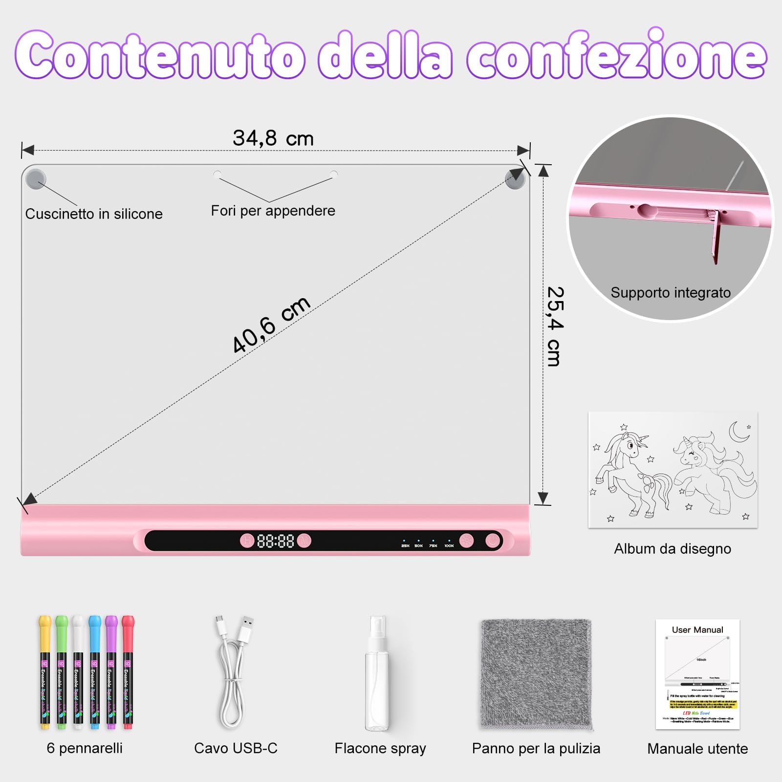 Lavagna Luminosa LED Ricaricabile 41 cm, 9 Modalità Luce con Timer & Supporto Integrato, Acrilica Neon Cancellabile a Secco, Regalo Bambini/Ragazze/Adolescenti, 6 Pennarelli & Libro Sagome, rosa