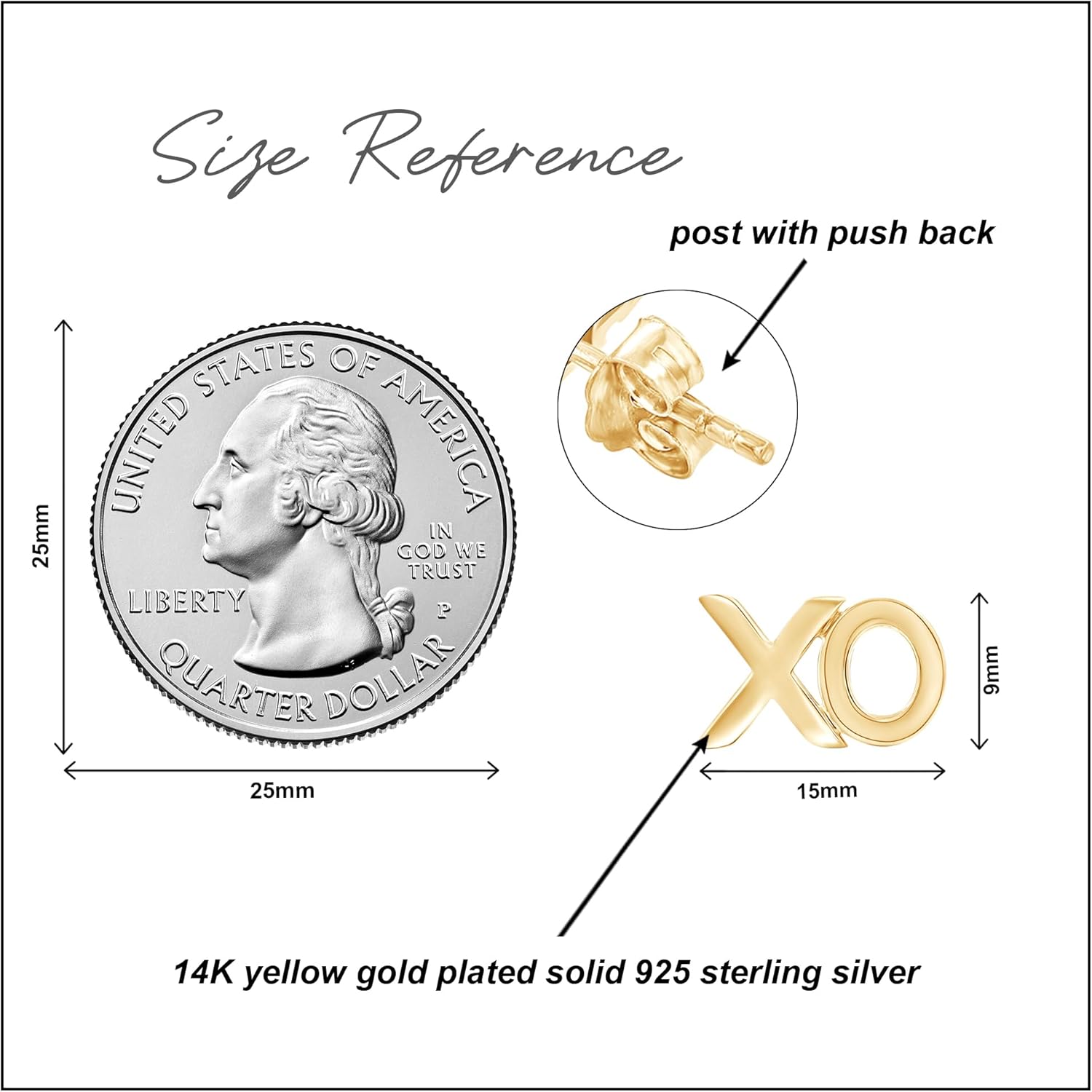 XO Stud Earrings With Push Back Minimalist Plain Jewelry For Women In 14K Gold Plated Sterling Silver Gift For Her