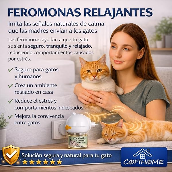 COFIHOME - Diffusore di feromoni lenitivi per gatti - Feromoni per gatti - Pack Familiare - 2 Diffusore + 6 ricariche da 48 ml - Soluzione a Stress Felino - Gatti - 5