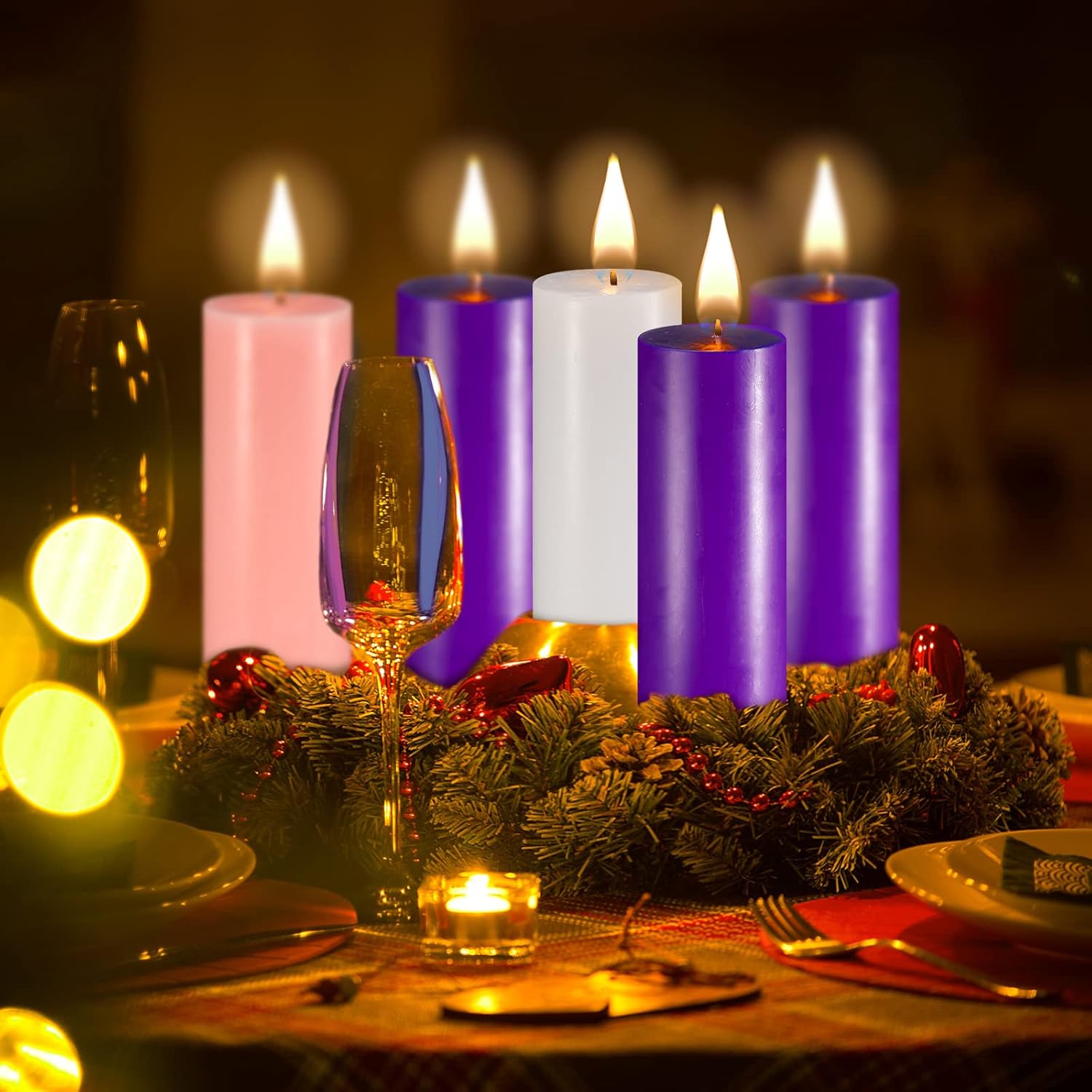 Jutom Set of 5 Christmas Advent Pillar Candles Dripless Scented Catholic Advent Candles Purple Pink White Hand Poured Wax Candle for Christmas Church Home Wedding Holiday Decor(Classic,3 x 7.9 Inch)
