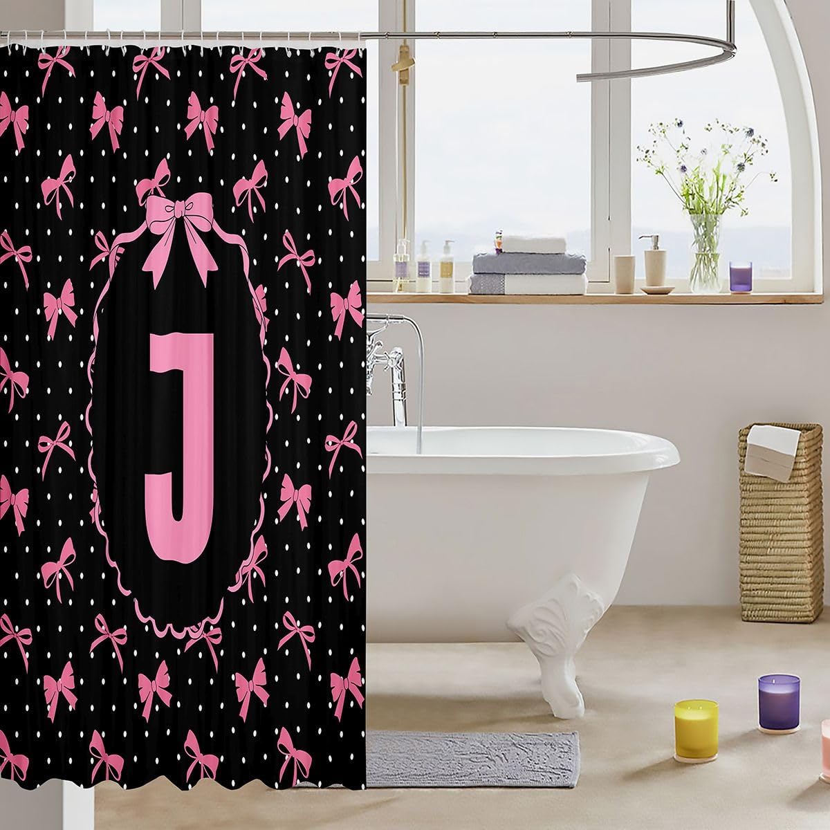 Feelyou Cute Bowknot Shower Curtain for Bathroom Decor Bow Princess Bath Curtain for Stalls Bathtubs Personalized Letter J Bathroom Accessories Waterproof Polyester Fabric with 12 Hooks 72"x72" image 3