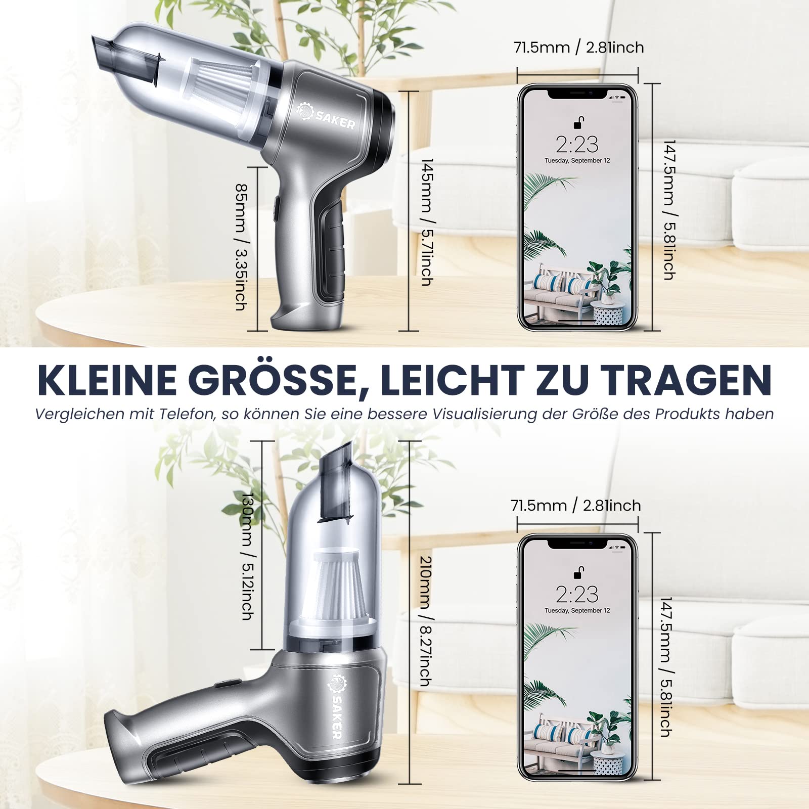 Saker Handstaubsauger Akku Kabellos, 3-in-1 Mini Staubsauger mit Blas und Vakuumfunktion, 15000Pa Starker Autostaubsauger, Handsauger für Auto, Zuhause und Tierhaare