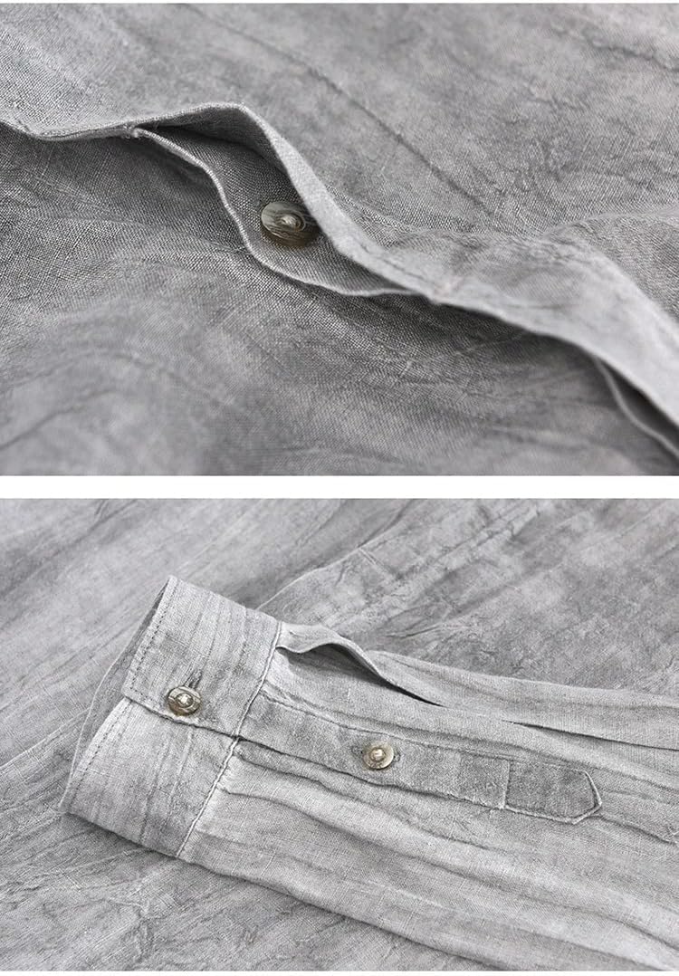 Men's Linen Solid Color Shirt Business Casual Lapel Long Sleeve Blouse Tops Spring Summer