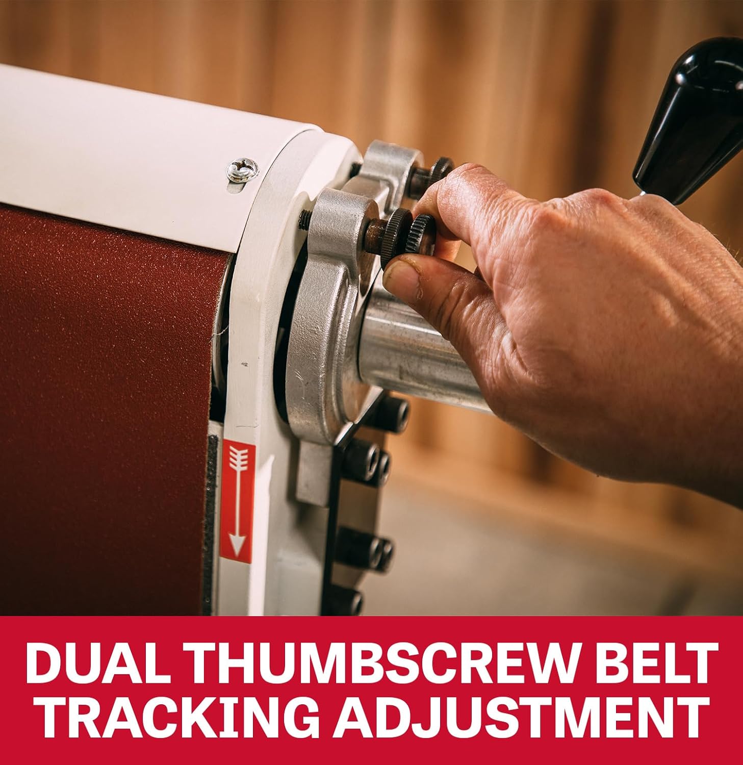 Dual thumbscrew belt tracking adjustment on JET JSG-6DC Sander