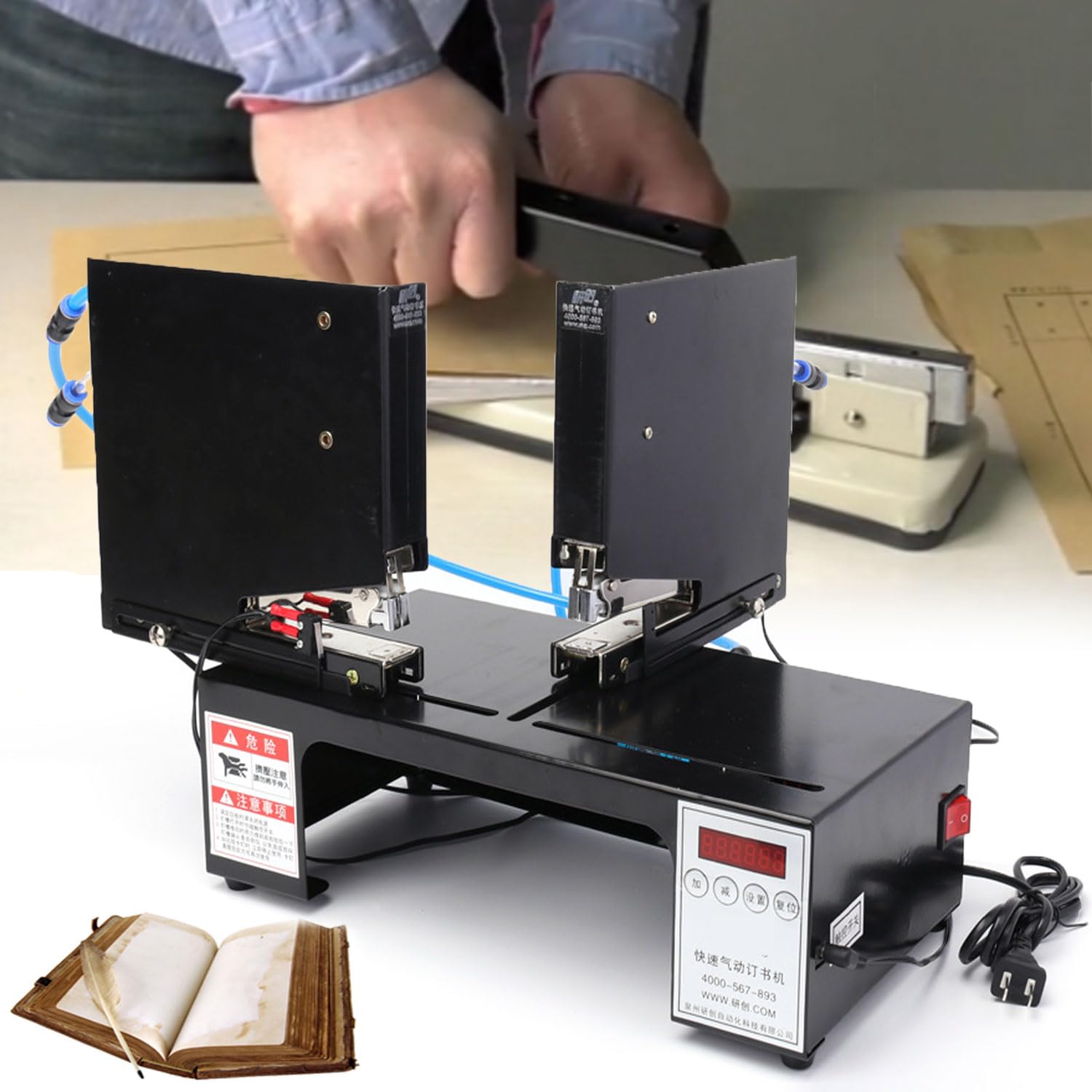 CNC Pneumatischer Hefter, Dual Head Rapid Bindemaschine 35 Blatt Kapazität mit Zähler & Nagelschlitz für Druckhäuser Büros