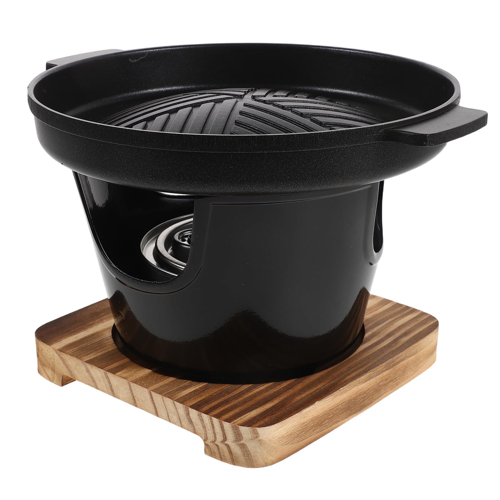 Griglia a Carbone Giapponese Rotonda Portatile Nera 19, 5cm | Lega di Alluminio e Base in Legno, Rivestimento Antiaderente, Fondo Ispessito e Maniglia Antiscottatura